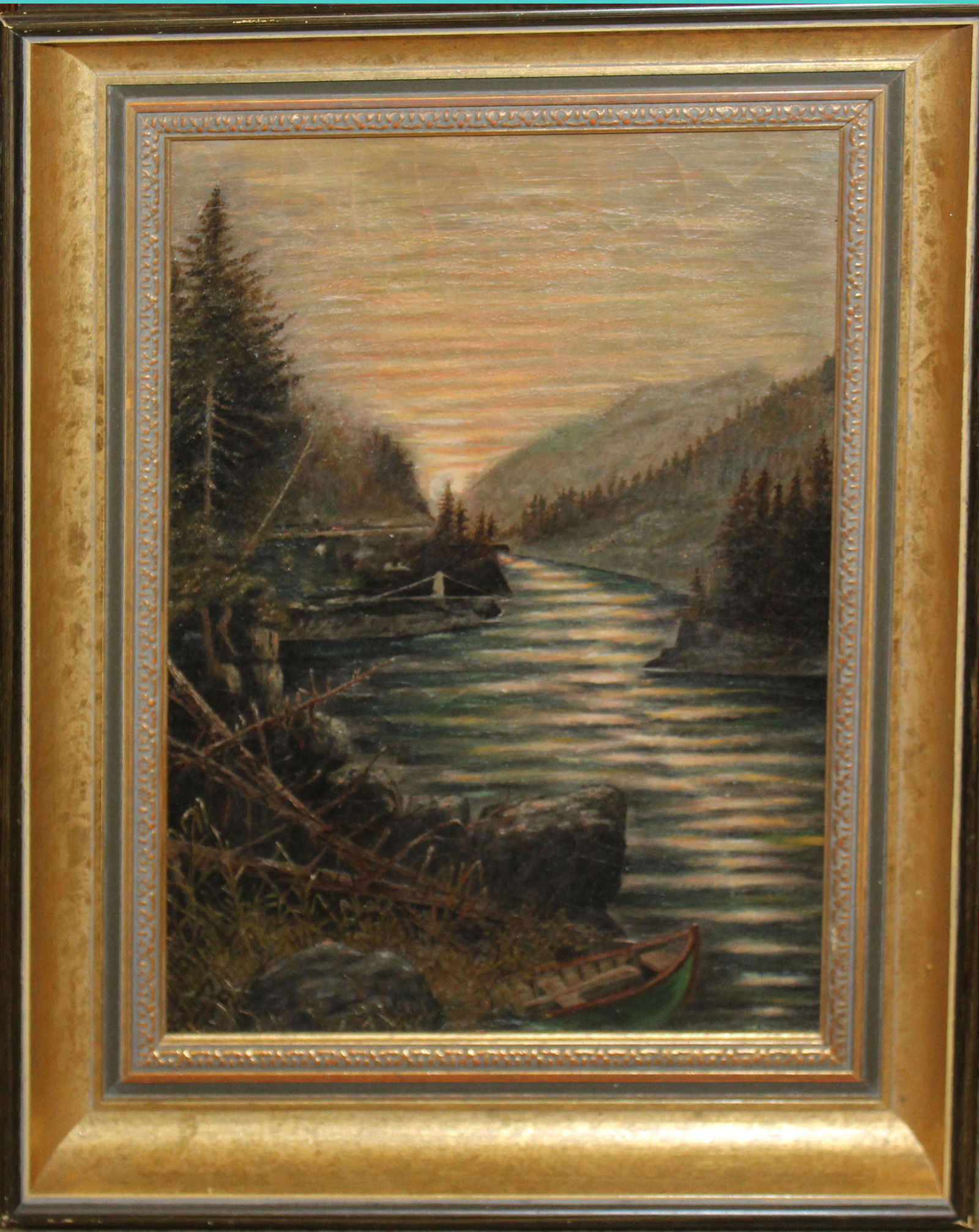 19th c Adirondack School Painting of a River with a: 19th c Adirondack School Landscape with River and Canoe oil on canvas - Relined. 15 x 10"