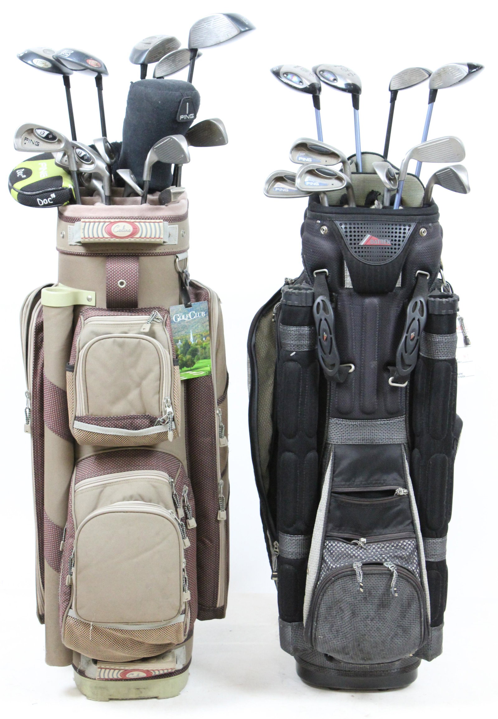 Two Sets of Ping Golf Clubs: Two sets of right handed Ping golf clubs. One set of i3 including 4,5,6,7,8,S,S, W, 3 wood, 3 wood, 5 wood, 7 wood, 1 or Tee, Doc 15 Ping putter, all in bag. Second set G2 4,5,6,7,8,W, 3wood, 5, wood,