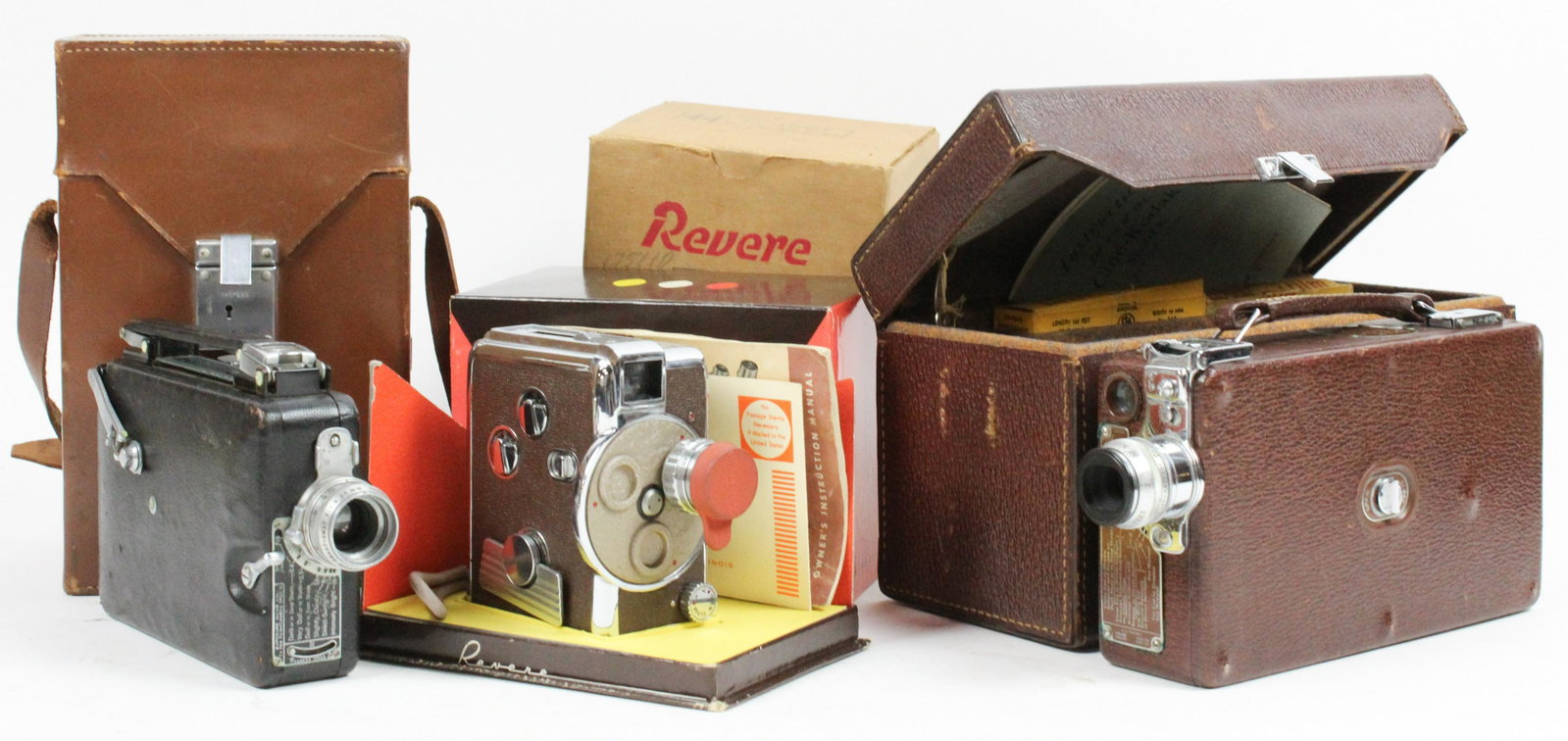 Kodak, Revere 8mm Magazine Movie Cameras: Cine-Kodak Model K 16mm movie camera with case, Kodak 16mm magazine movie camera, and a Revere #44 8mm magazine camera with original boxes, not tested, not warranted