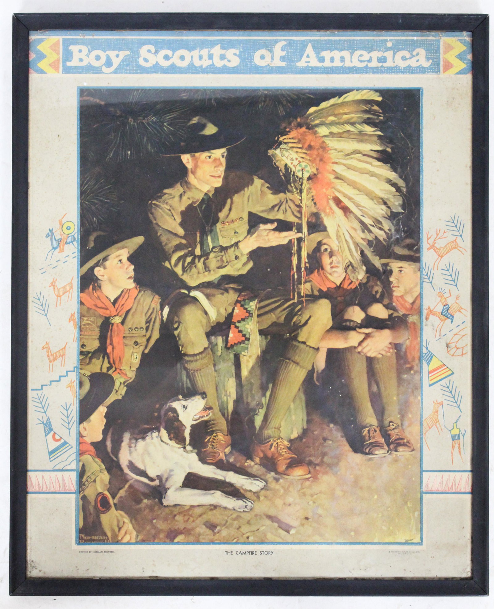 Norman Rockwell Boy Scouts of America Poster: 1934 Norman Rockwell Boy Scouts of America framed poster "The Campfire Story", Brown & Bigelow calendar illustration, framed, 27" x 22", some edge damage, some foxing