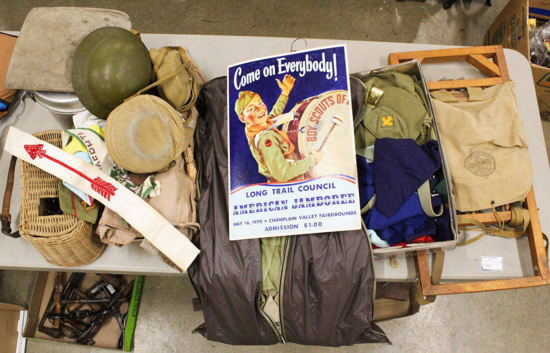 Large Boy Scouts of America Grouping: Large Boy Scouts of America group, including wooden packwith frame, uniforms, leader uniform, 1970 Long Trail Council Jamboree boxboard poster, mess kit, canteen, etc