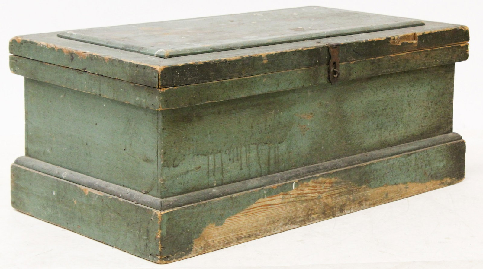 Small 19th c. Tool Chest in Old Green Paint: Small 19th c. tool chest in old distressed apple green paint 14" x 34" x 19"
