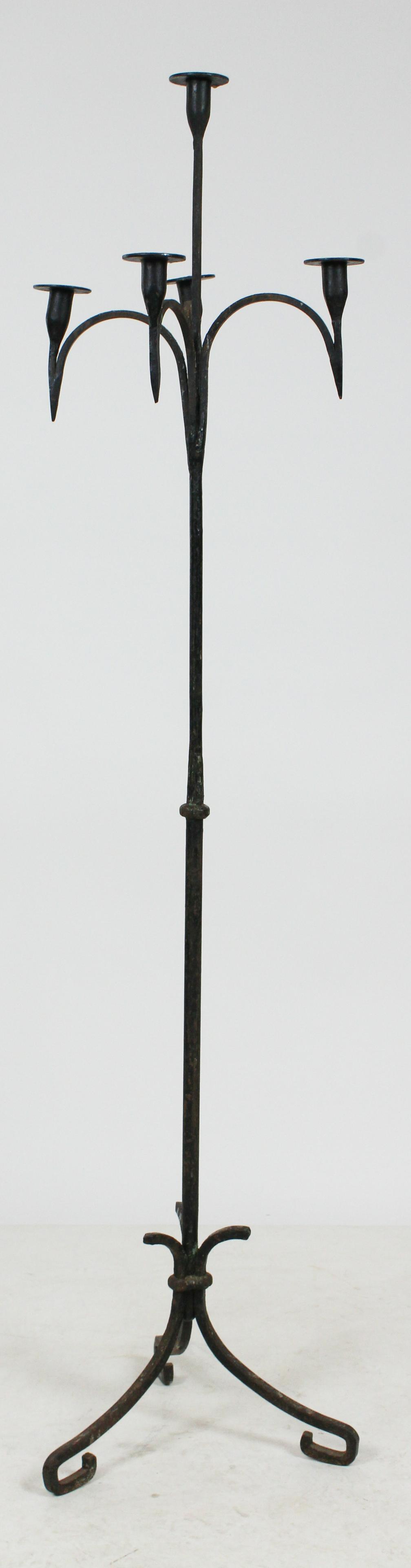 Arts and Crafts Wrought Iron Candelabra: Arts and Crafts style wrought iron 5 light candelabra on 3 leg pedestal base 60" x 12.5"