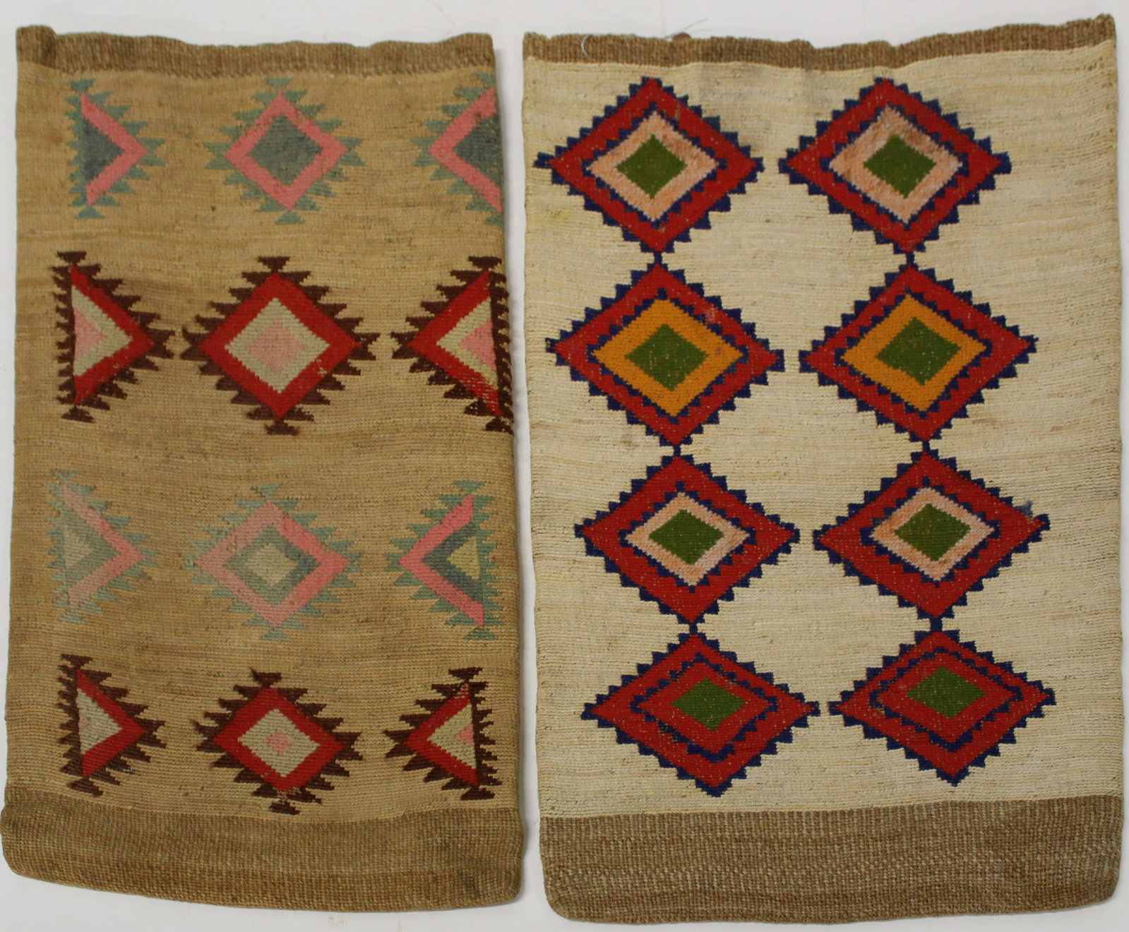Two 20th c First Nations Corn Husk Bags: Two 20th c First Nations Corn Husk Bags with Bold Geometric Patterns, one 16 x 21" one 14 x 20"