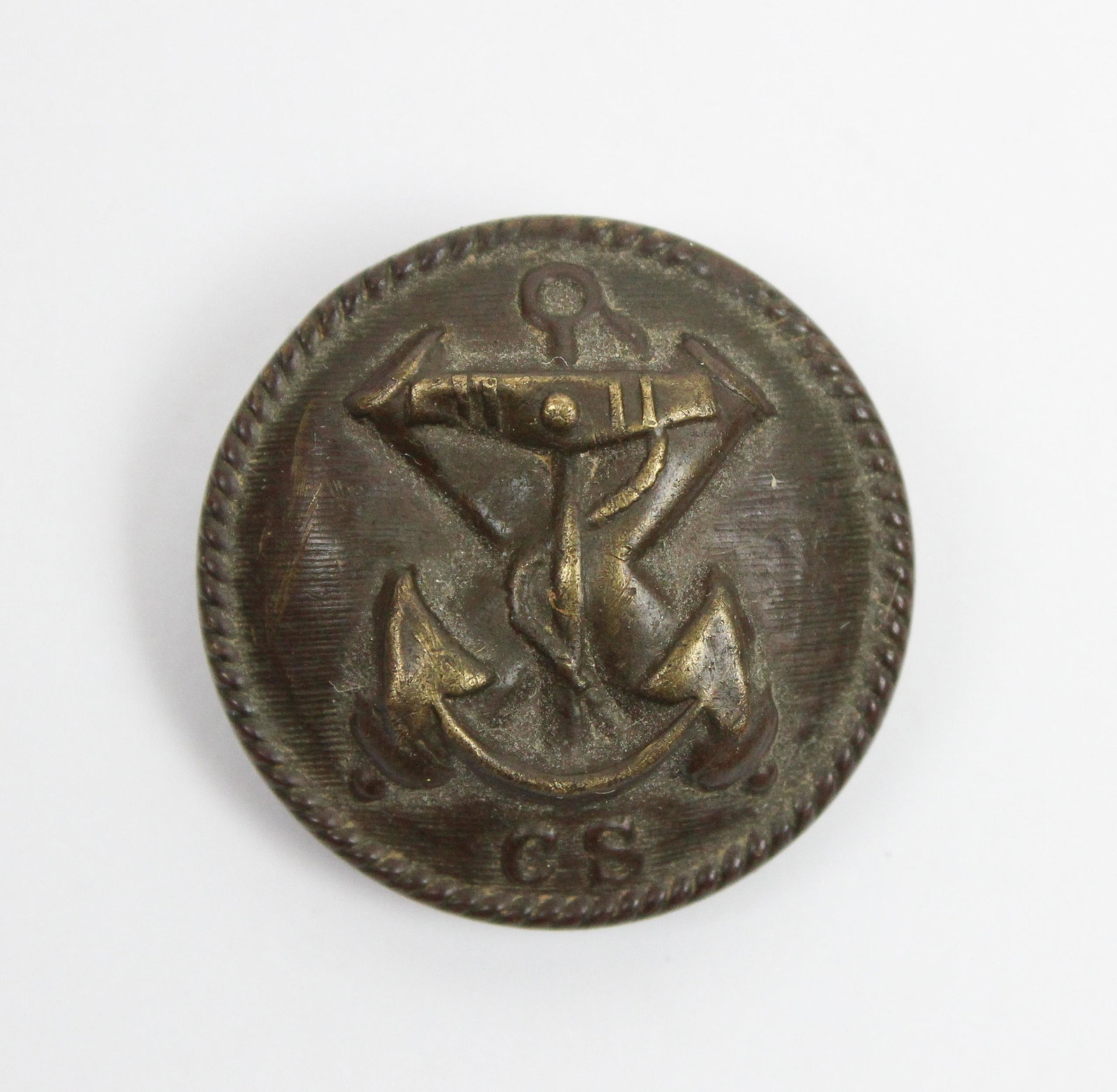 Civil War Confederate CS Naval Button: Civil War Confederate Naval button, stamped CS (not in Tice's book), reverse stamped Courtney & Tennant, Charleston, S.C., oxidized, dent on front face, diameter 7/8"