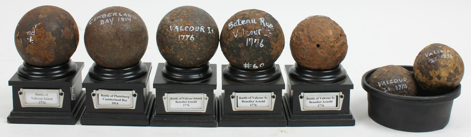 7 Battle of Valcour Island Cannonballs: Seven 1776 Battle of Valcour Island cannon balls, including French 3 pound cannon ball from the Batteau Rue (found around Ft Ticonderoga Dunn Collection, Gallant Pelham Antiques), two 4 pound cannon b