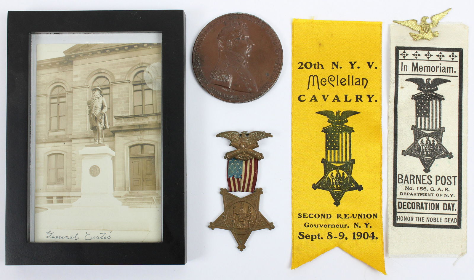 Cassin Medal, GAR Medal, GAR Ribbons: Lt Stephen Cassin medal, GAR medal, two GAR ribbons, real photo postcard of General Curtis- Ogdensburg