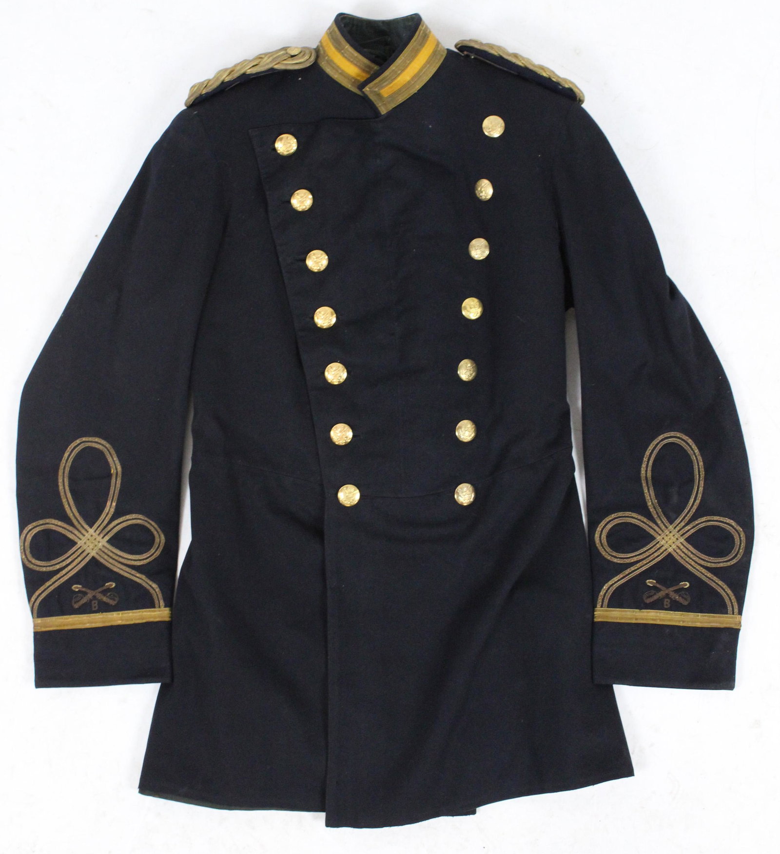 Late 19th c US Cavalry Officer's Dress Coat: Late 19th c US Cavalry Officer's dress coat, yellow trim, Cincinatti Regalia Co buttons (one replaced), well made, good condition
