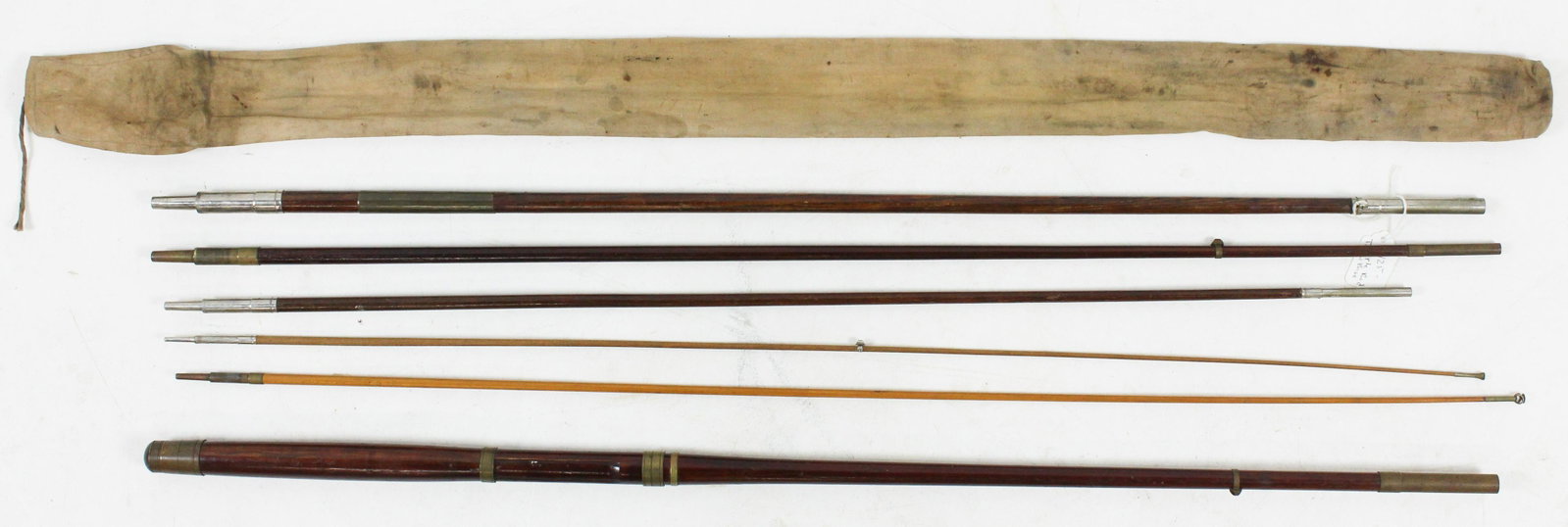 19th c Fishing Rod: A early 19th c brass mounted fishing or poling rod. 3 sections, 9' long, has an extra mid section and tip section. Chestnut or ash. Most likely London.