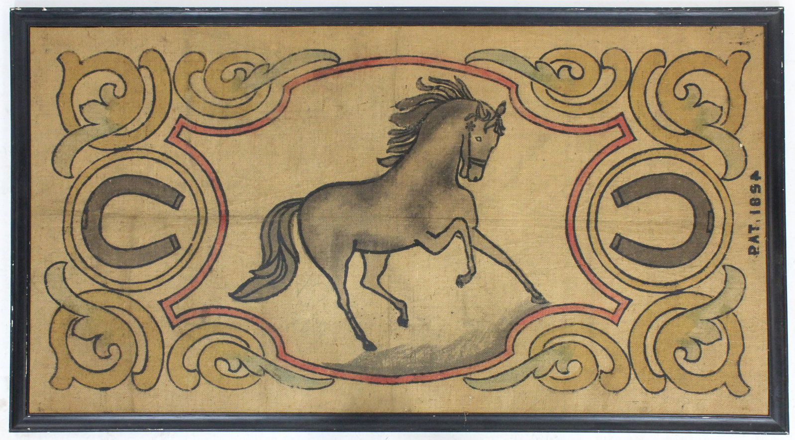 Framed Black Stallion Burlap Hooked Rug Pattern: ca. 1930 framed equestrian motif printed burlap hooked rug pattern, featuring center panel of galloping black stallion and horse shoes 63" x 34.5"