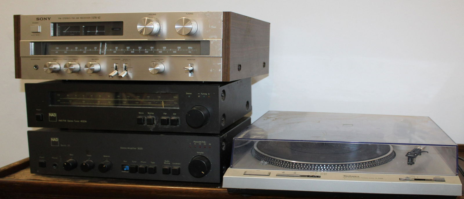 Home Stereo Components: Home Stereo components including Technics SL-D202 Direct Drive Turntable, NAD 4020 Reciever, NAD Series 20 Preamp, Sony reciever STR V2; Sherwood 4105 Reciever New in box.
