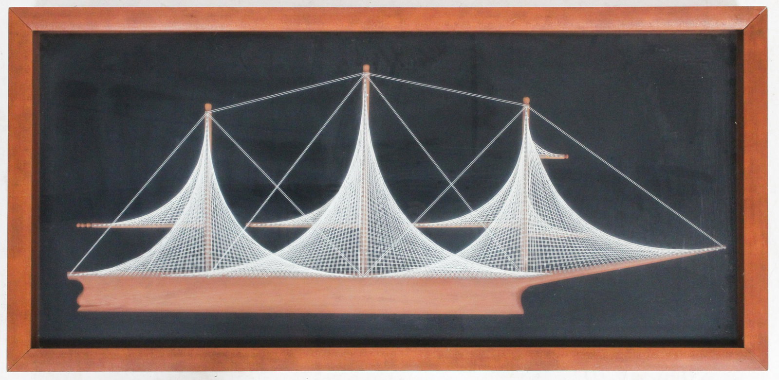 Framed String Art Clipper Ship Nautical Diorama: Late 20th c. custom framed string art clipper ship diorama 20" x 42" x 3"