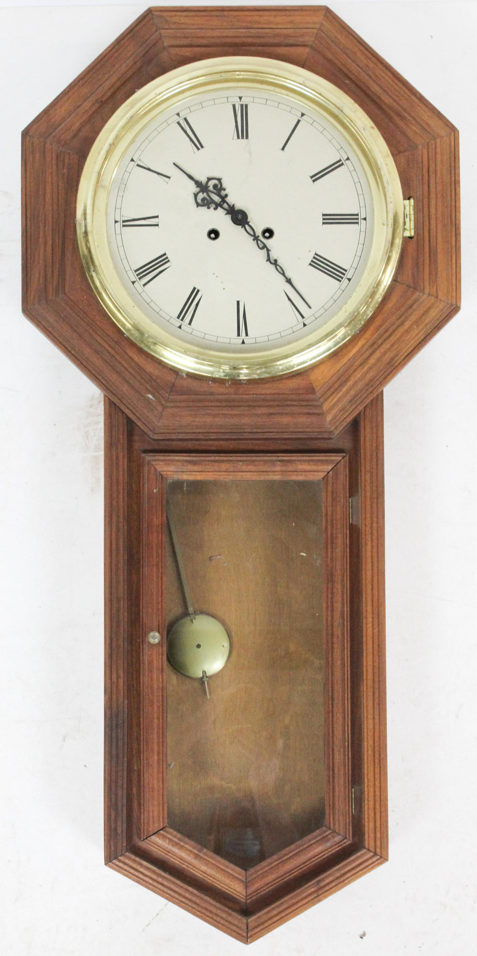 Walnut Octagonal Wall Regulator Clock: Late 20th c. walnut case octagonal regulator wall clock with Mason and Sullivan brass works movement, missing dial glass, lower door loose 38" x 18"