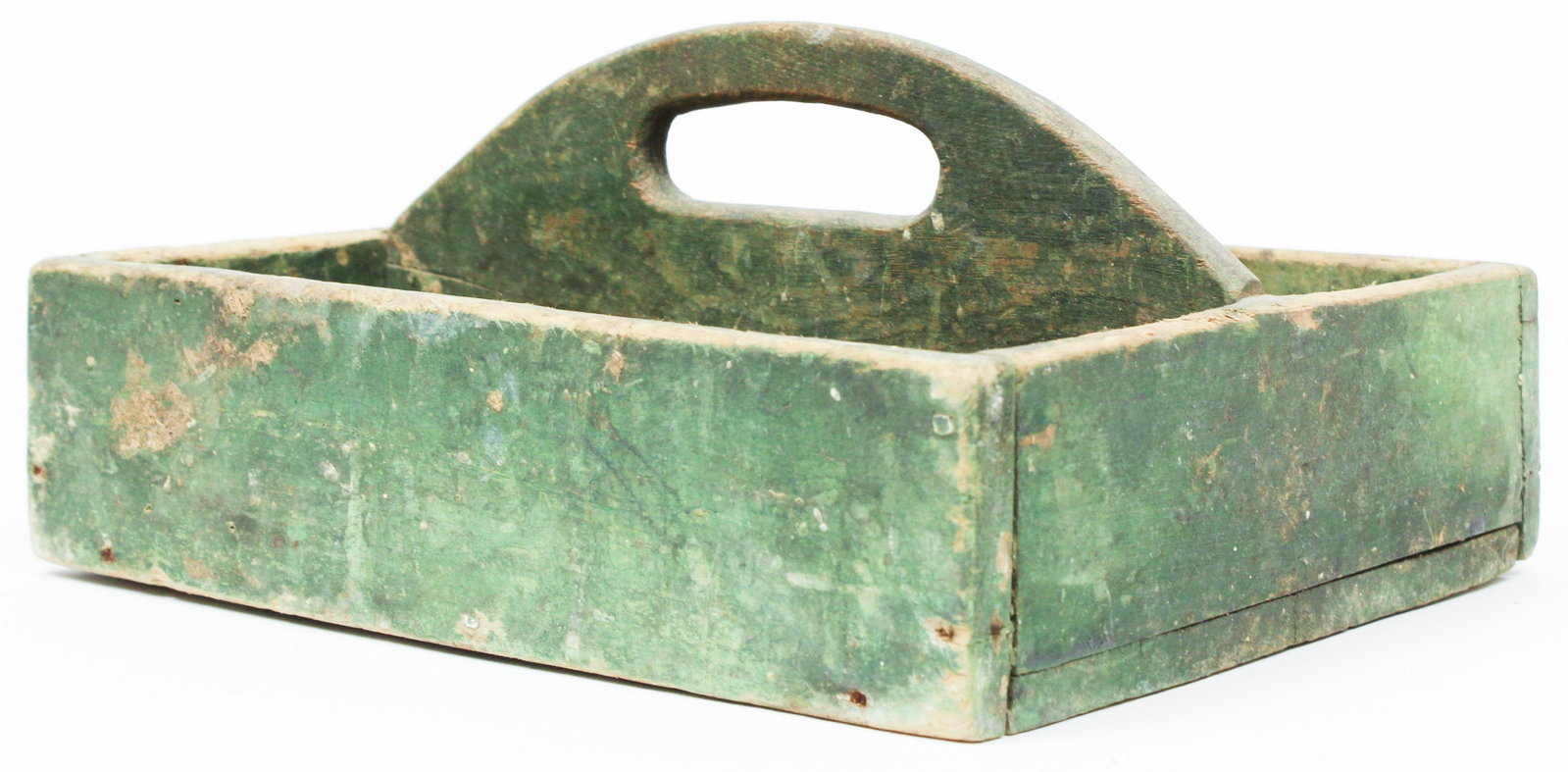 19th c Knife Box in Old Green Paint: 19th c knife box in old green paint, square nail construction, 11" x 8 1/2" x 5"