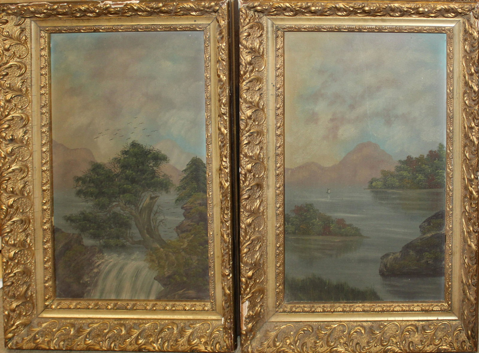 Pair of 19th C Hudson River School Landscapes: Pair of 19th c Hudson River School Landscapes one with waterfall in gilt gesso frames,overall dusty surface, and minor losses to frames, 20 x 12"