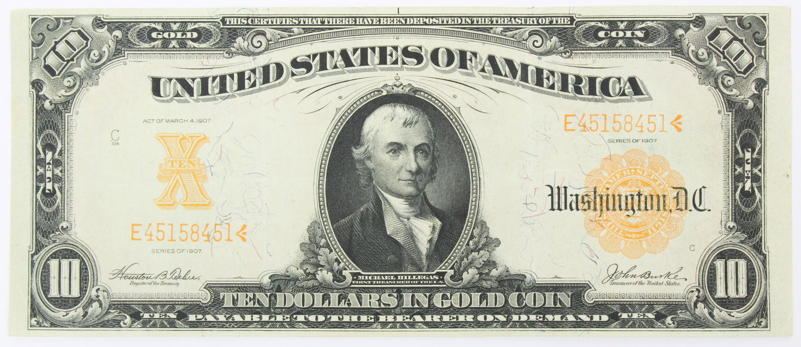 1907 United States $10 Gold Certificate: 1907 United States $10 gold certificate, three folds, very good condition, brite