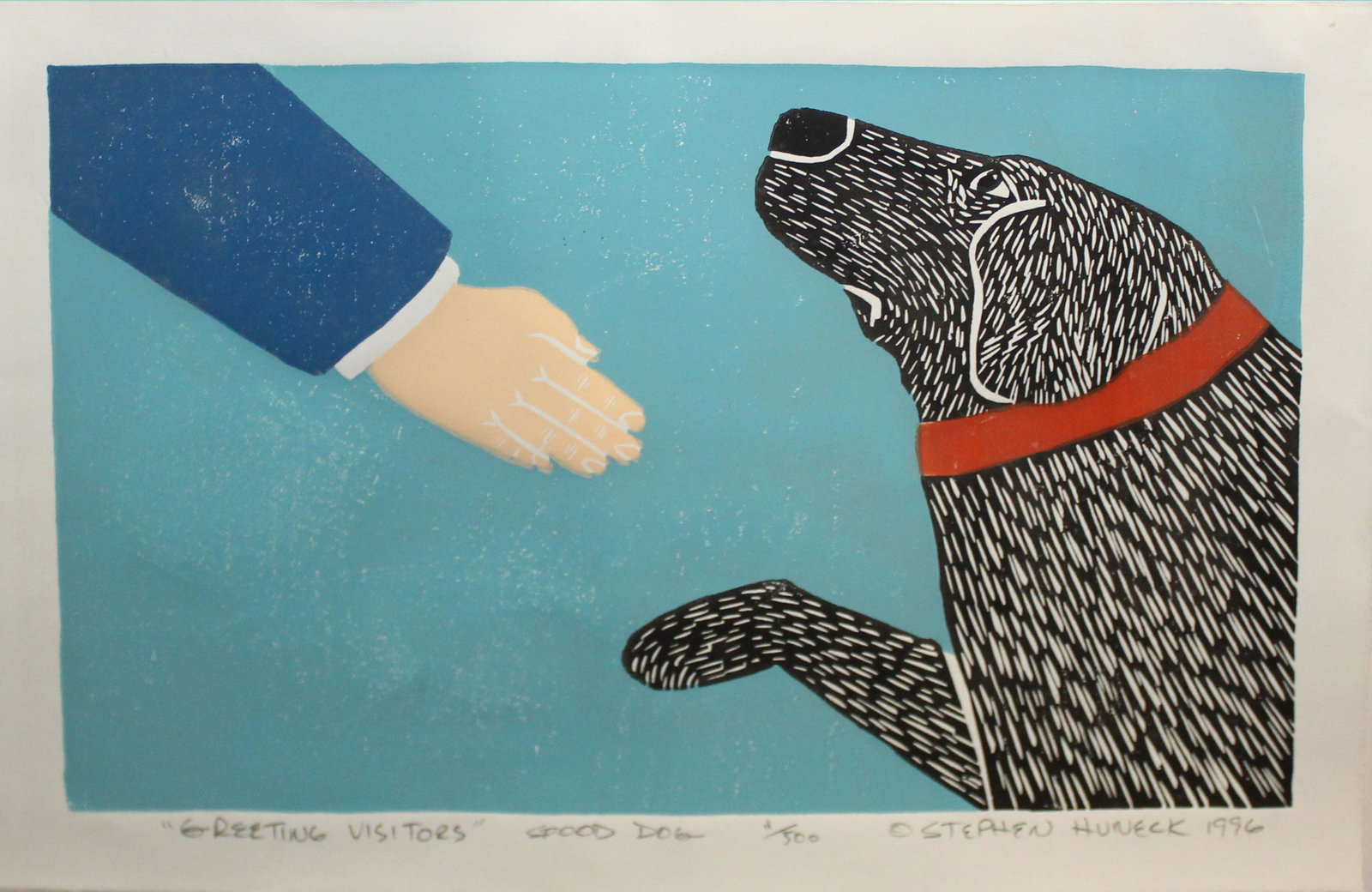 Stephen Huneck (VT 1948-2010) Greeting Visitors: Stephen Huneck (Vermont 1948-2010) "Greeting Visitors" Good Dog 11/500 and Bad Dog 45/500 signed and identified lower margin, dated 1996 not framed but hinge mounted on foamcore 20 x 13"