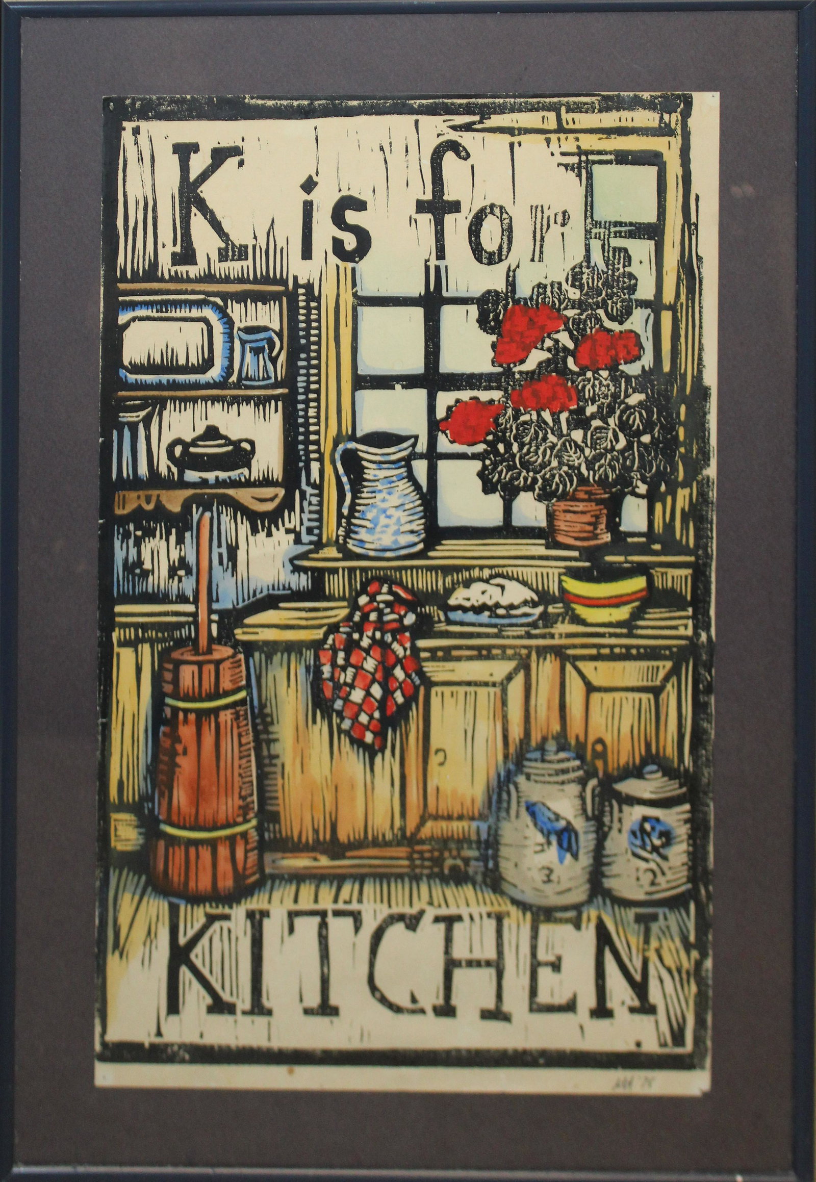 Mary Azarian (VT 1940-) K is for Kitchen: Mary Azarian (Vermont 1940-) K is for Kitchen woodblock print with hand colored decoration 19 x 13"