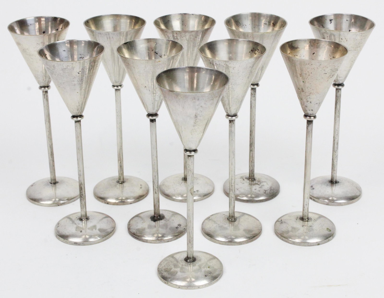10 Continental 800 Silver Footed Aperitifs: Set of 10 Continental mid 20th c. marked 800 coin silver footed aperitif or cordial goblets 4.75" x 1.75" 11.7 troy oz.