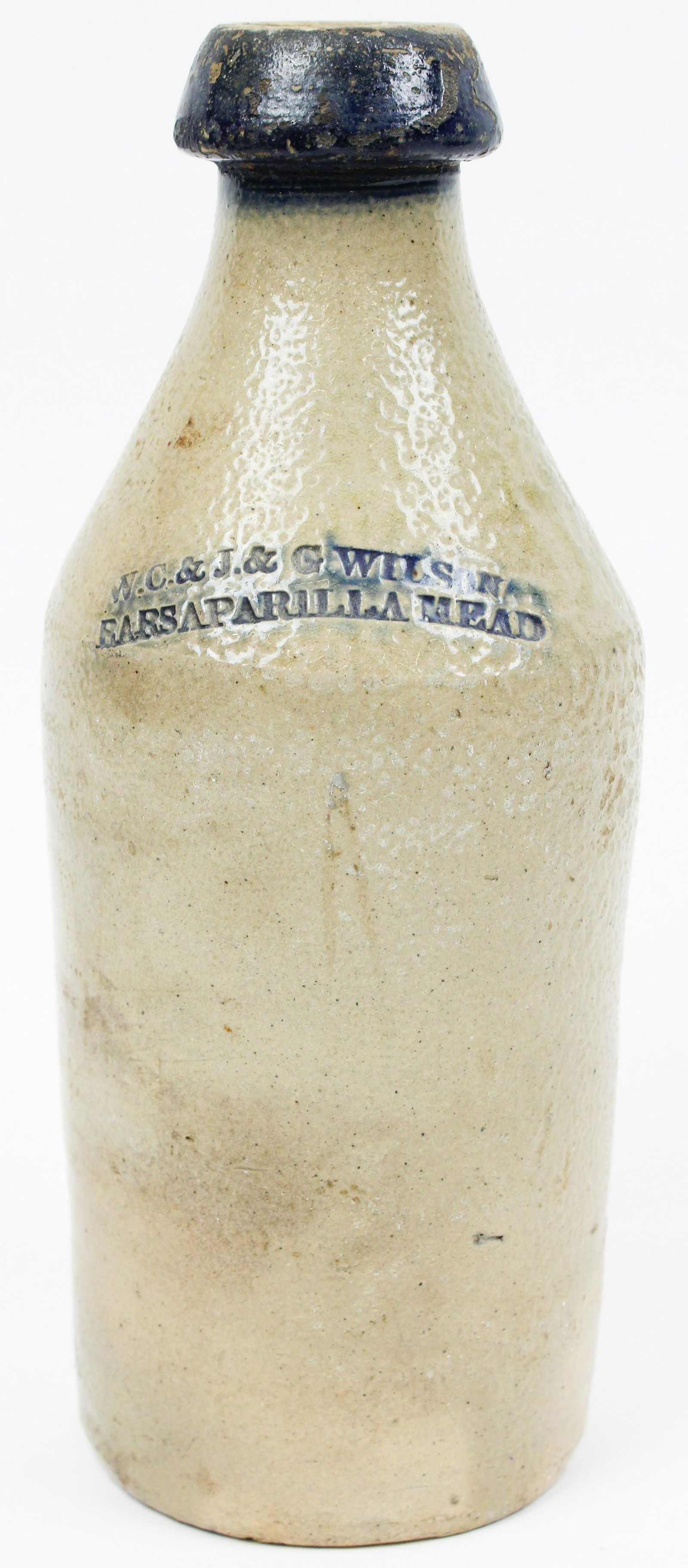 Wilson Sarsaparilla Mead Stoneware Bottle: WC & J & G Wilson Sarsaparilla Mead stoneware bottle (note different spelling of Willson), cobalt blue accents, ht 9 1/4"