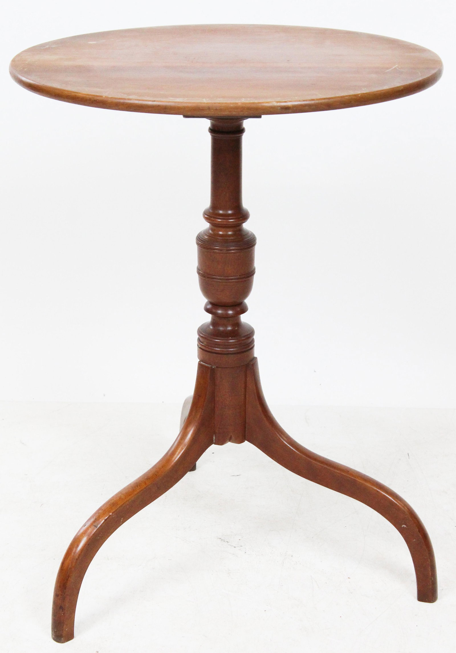 N.E Hepplewhite Candle Stand: New England Ca. 1800 Hepplewhite candle stand. Cherry oval top, birch or maple column, cherry spider legs. Refinished. 26" h. 20" long oval top.