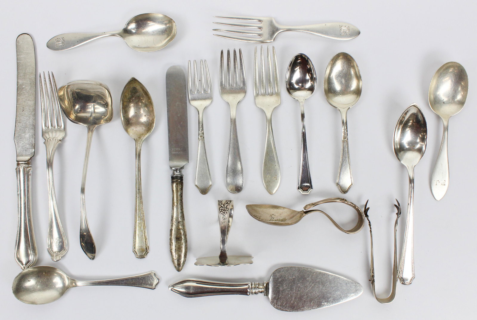 19 pcs. Sterling Silver Youth Flatware: Lot of 19 pcs. sterling silver youth flatware including 3 fork and spoon sets, food pusher, sterling handled cutlery, small ladle 10.6 troy oz. weighable