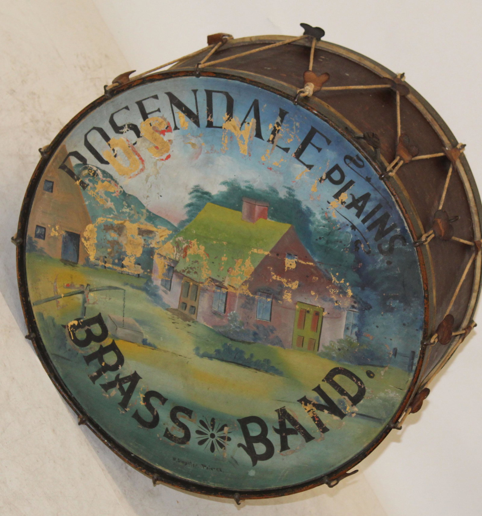 19th c Painted Bass Drum -Rosendale Plains: 19th c Painted Bass drum as found 30" diameter 18" deep with some losses due to earlier paint decoration. Most likely Rosendale Plains NY