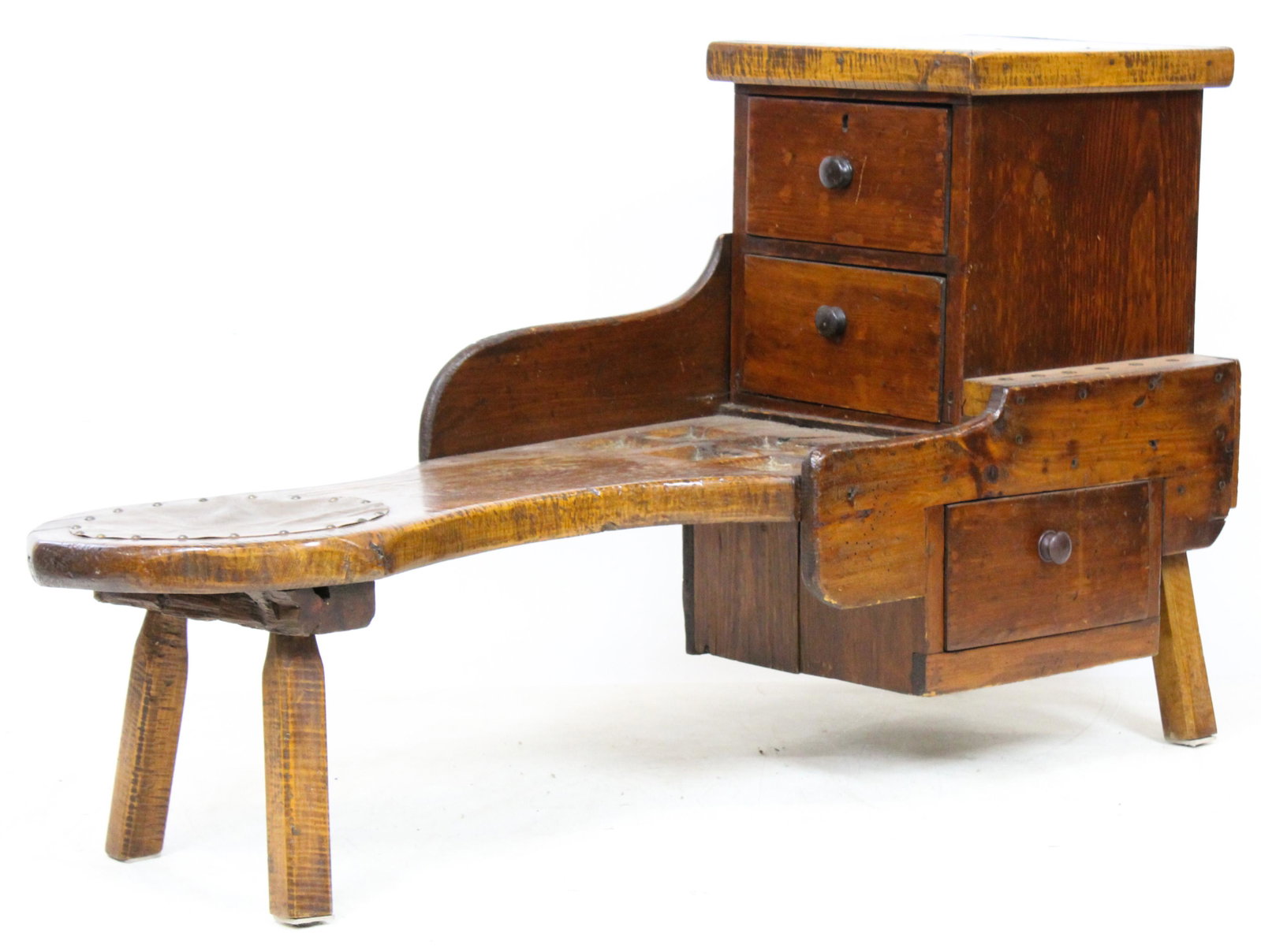 19th C Maple and Pine Cobbler's Bench: 19th c Maple and Pine Cobbler's bench in second surface with replaced leather seat 52 x 17 x 29"
