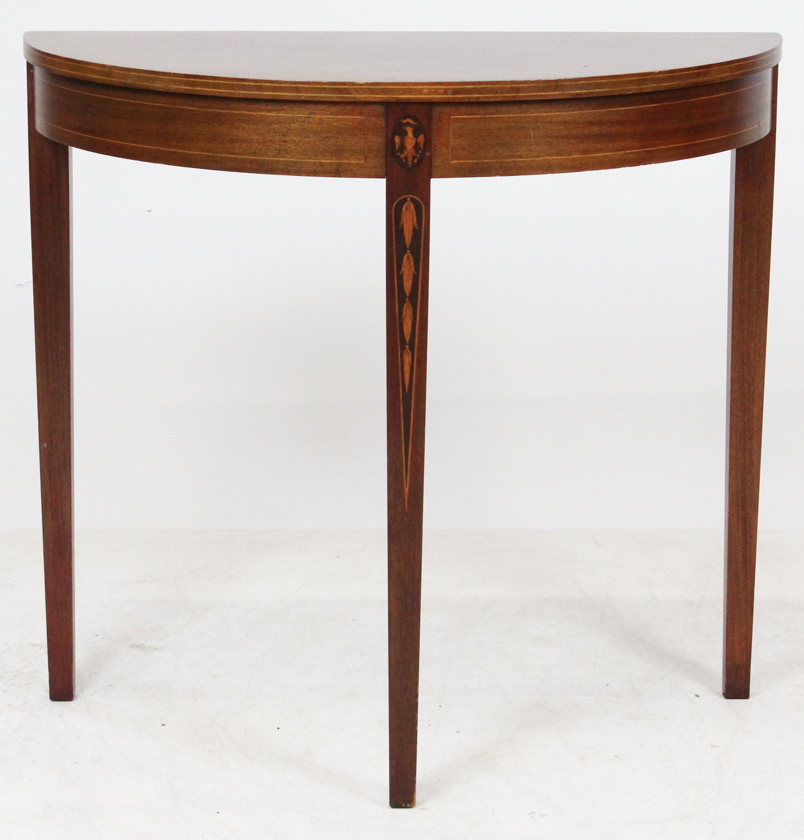 Hepplewhite Style Mahogany D-shaped Table: Hepplewhite style inlaid mahogany D-shaped table, width 32", ht 29 1/2"