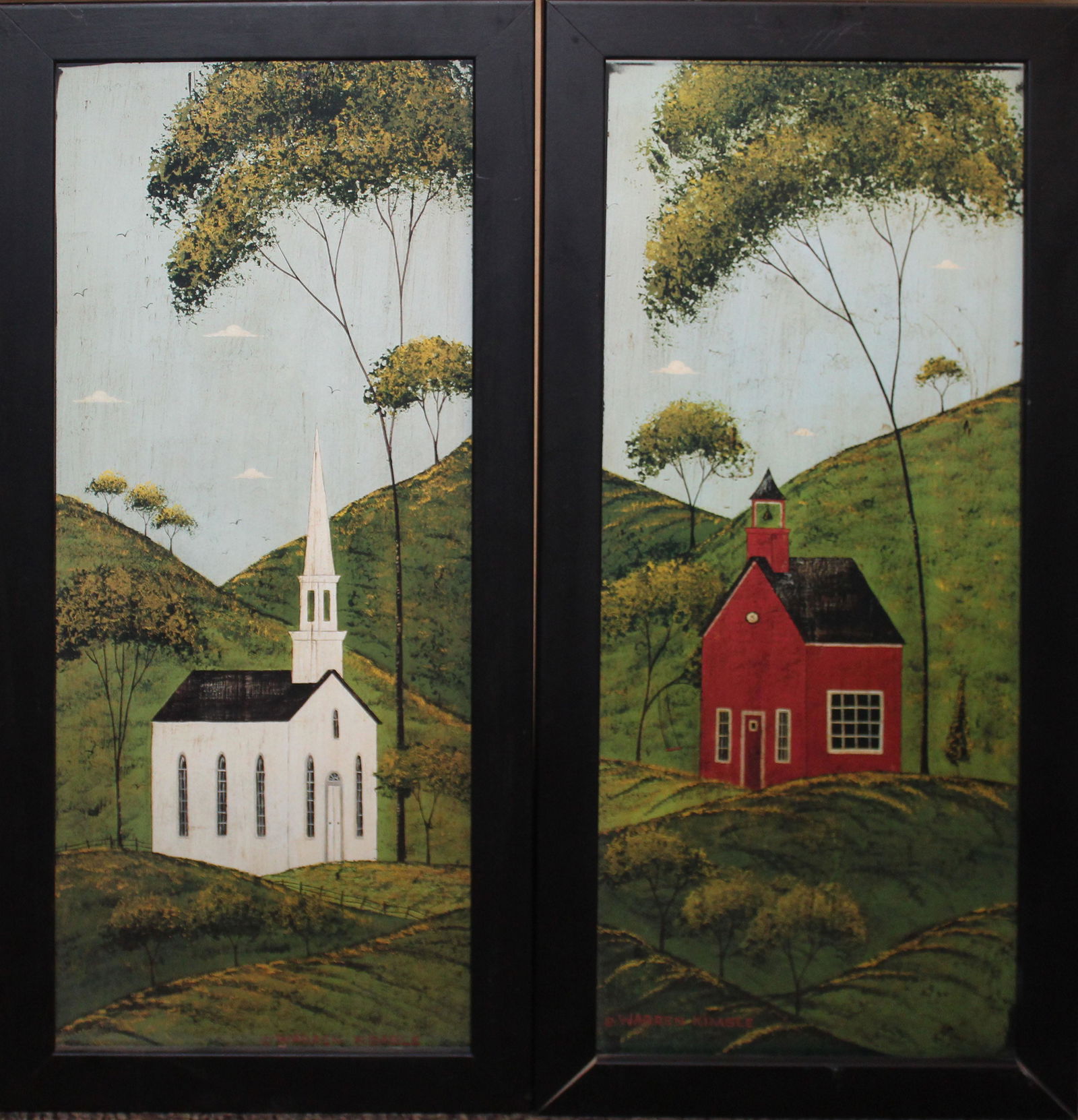 Warren Kimble (VT 1935-) School and Church: Warren Kimble (Vermont 1935-) Schoolhouse and Church offset lithographs signed in plate each 21 x 9"