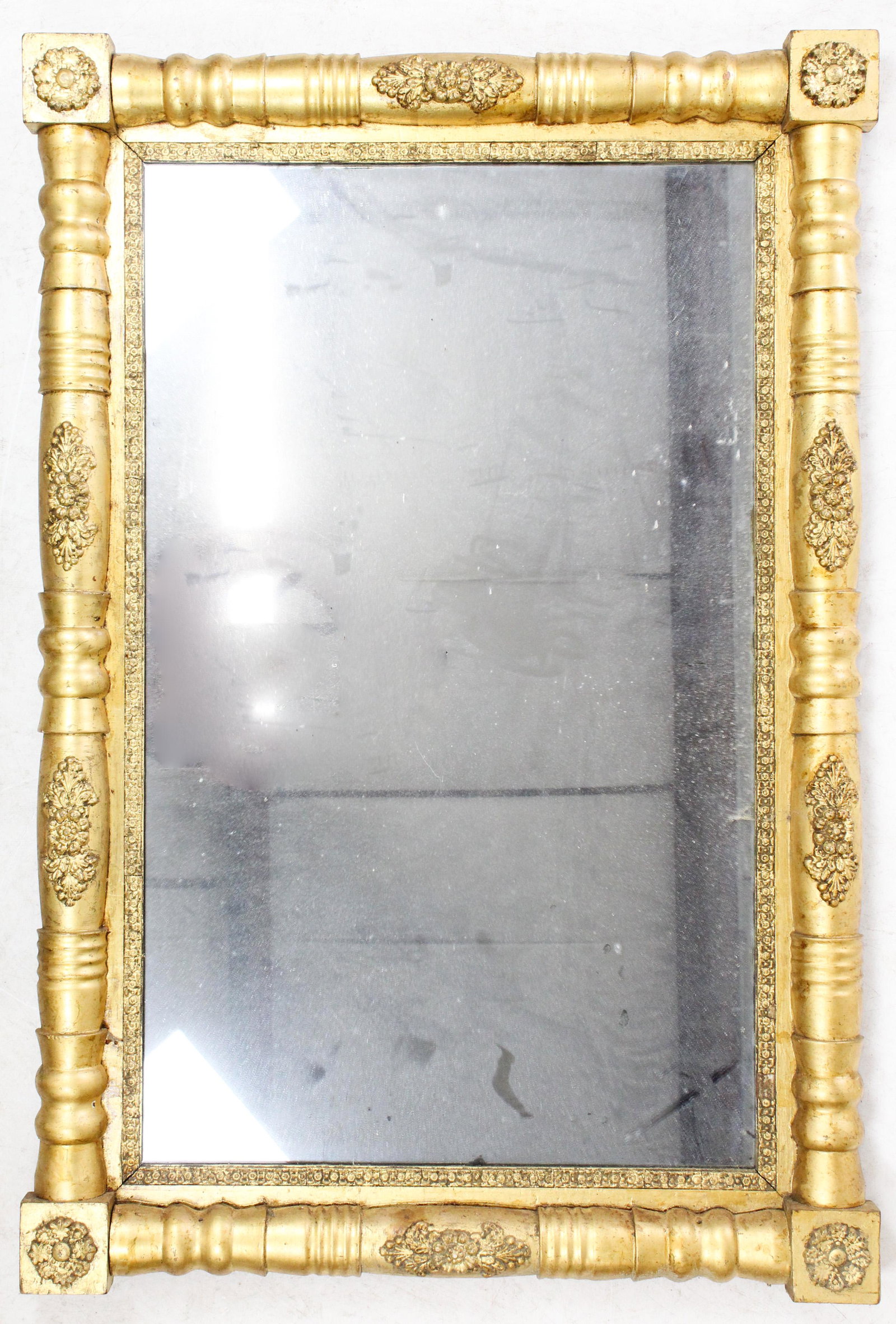 Edward Lothrop, Boston Federal Gilt Mirror: Federal lemon gilt split column mirror, backboard labeled Edward Lathrop Looking Glass Manufacturer (Boston), original glass, overall size 31" x 46"