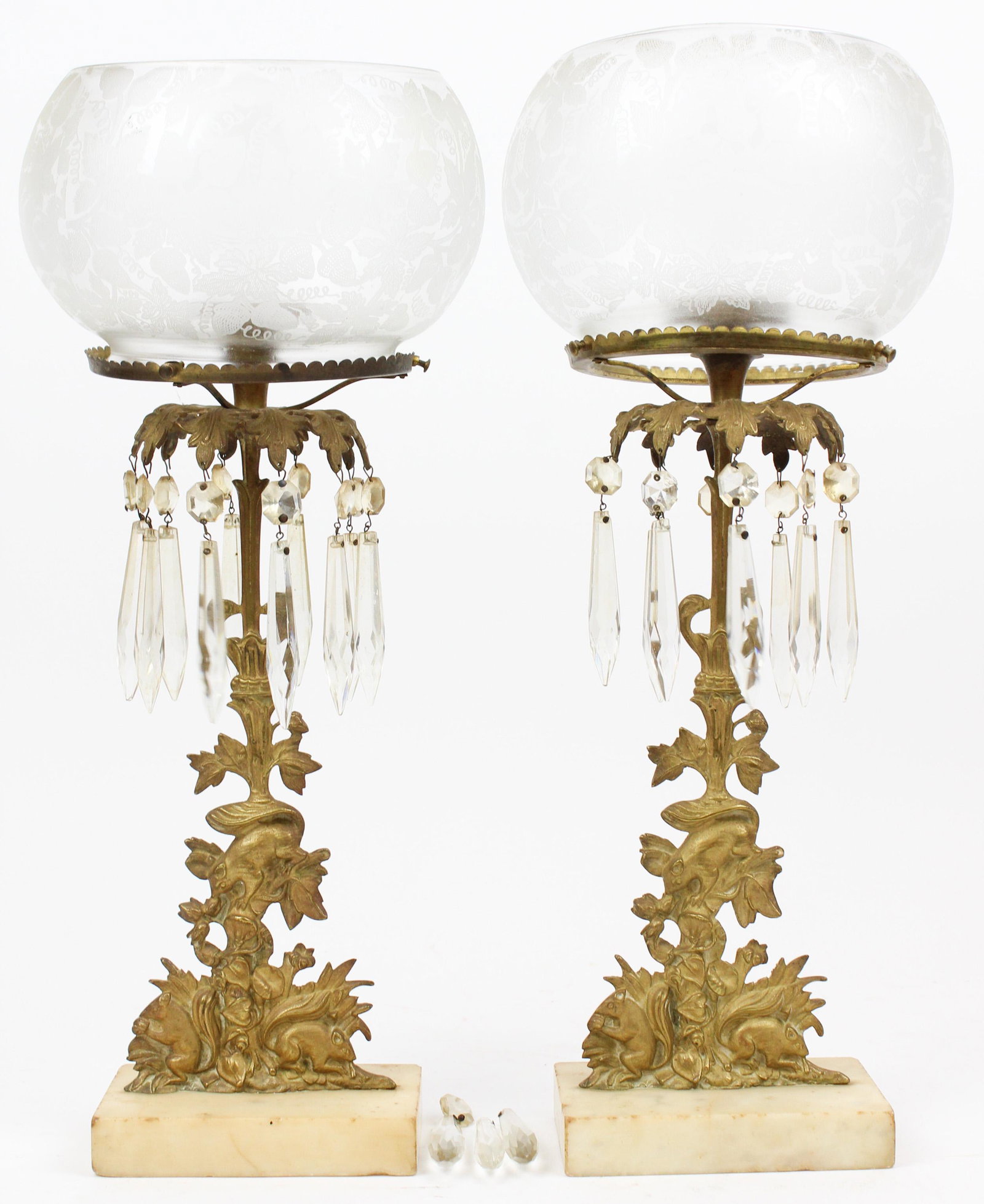 Pair of Gilt Girandole Candlesticks with Squirrels: Pair of 19th c gilt brass girandole candlesticks with squirrels, ht 17 1/2"