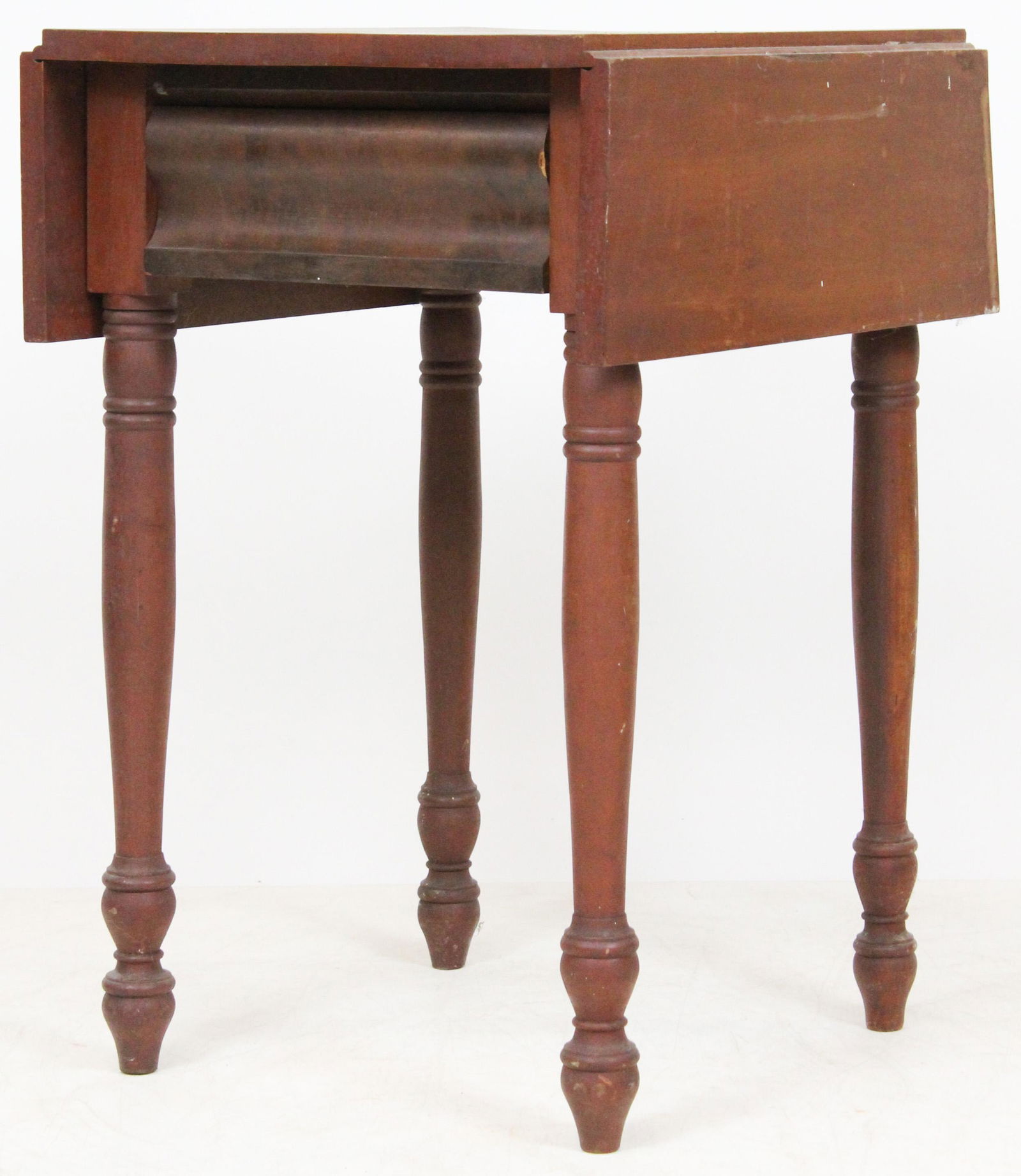 Vermont Sheraton Drop Leaf Work Table: A Vermont ca. 1840 Sheraton drop leaf one drawer work table. Cherry top and legs. Ogee drawer front with mahogany veneer. Original surface. From a Sudbury, Vermont estate. 19" w, 21" d, 29" h.