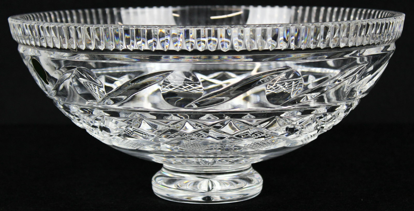 Signed Waterford Irish Crystal Centerpiece Bowl: Signed Waterford Irish crystal cut glass centerpiece bowl on footed base, with original seahorse emblem gold foil label 5.5" x 11"
