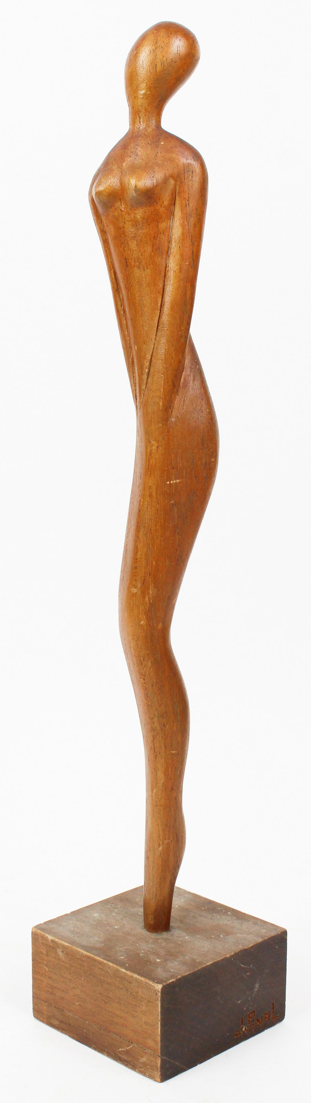 Jose Pinal (Mexican 1913-1983) Sculpture of Woman: Jose Pinal (Mexican 1913-1983) mid century modern carved hardwood abstract sculpture of a female form, on block base signed "J.Pinal" 19.5" x 3.75"