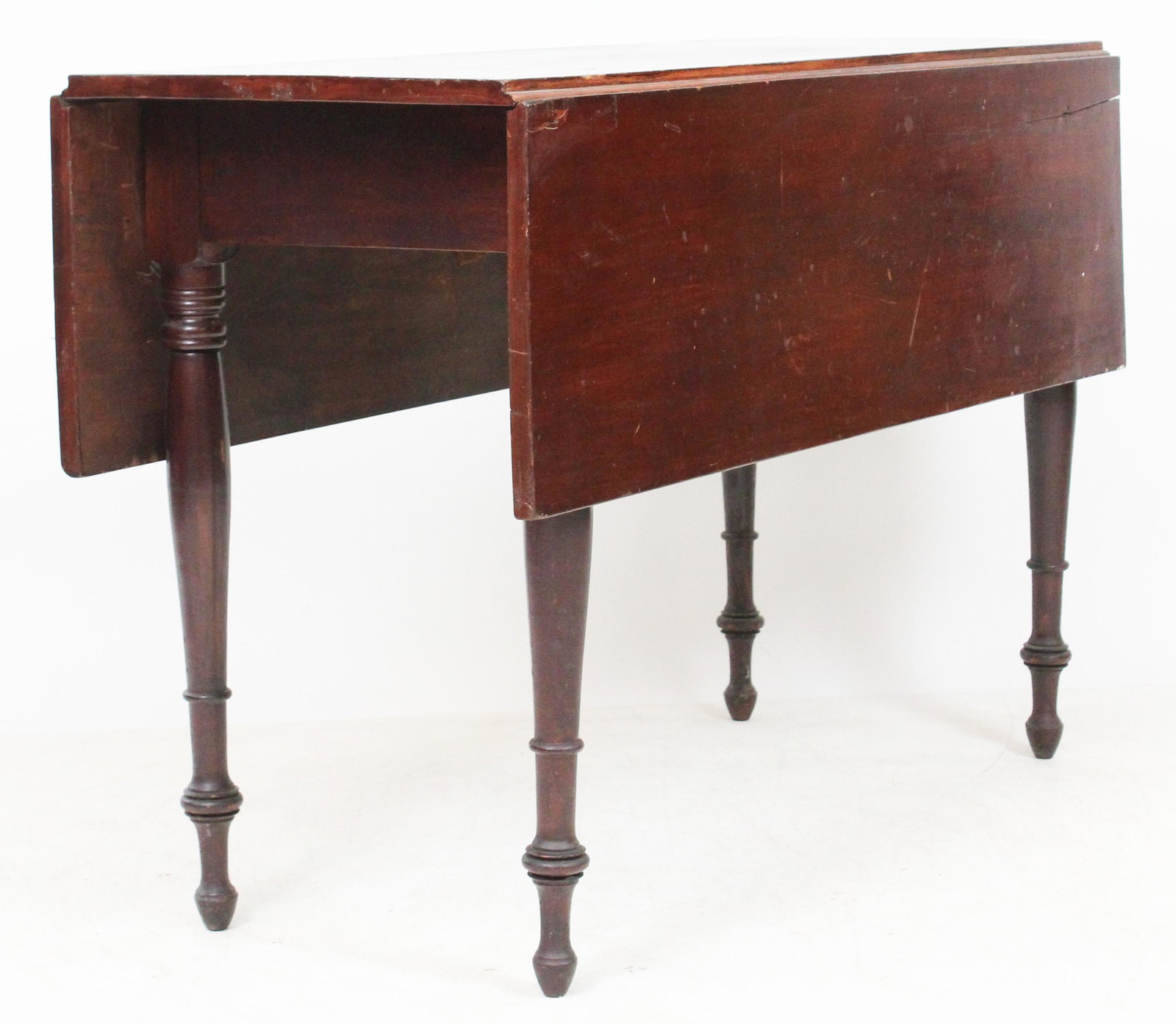 19th c Sheraton drop leaf table in original surface: 19th C Cherry Sheraton drop leaf table in old crusty surface 42 x 29 x 18" with 12" leaves