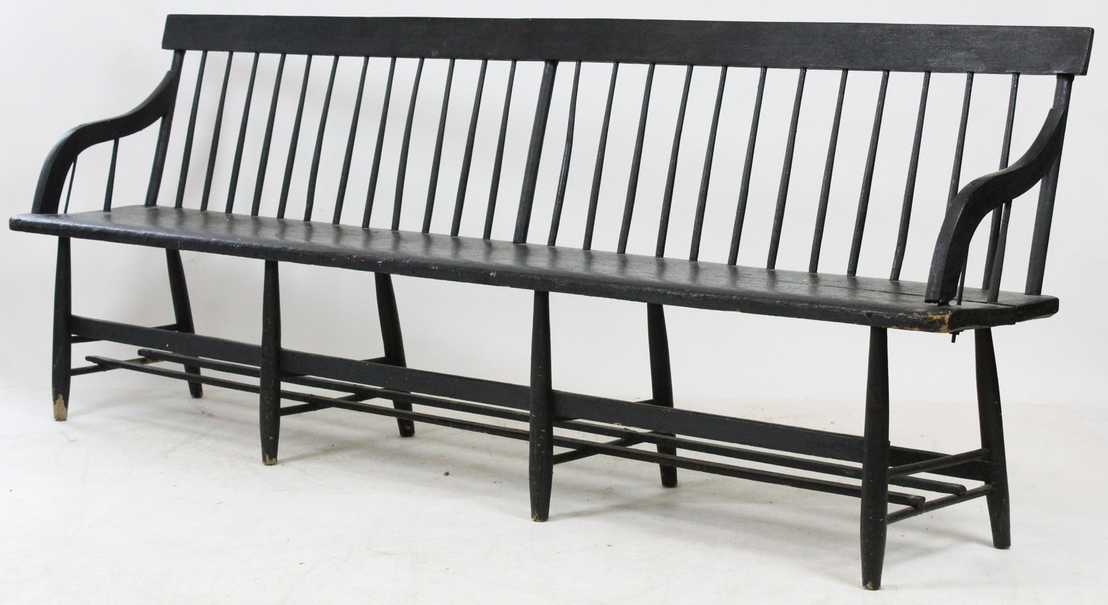 Black painted Windsor Deacon's Bench: 19th c Windsor Deacon's bench in newer black paint 90" long 14" Deep, Seat at 17"