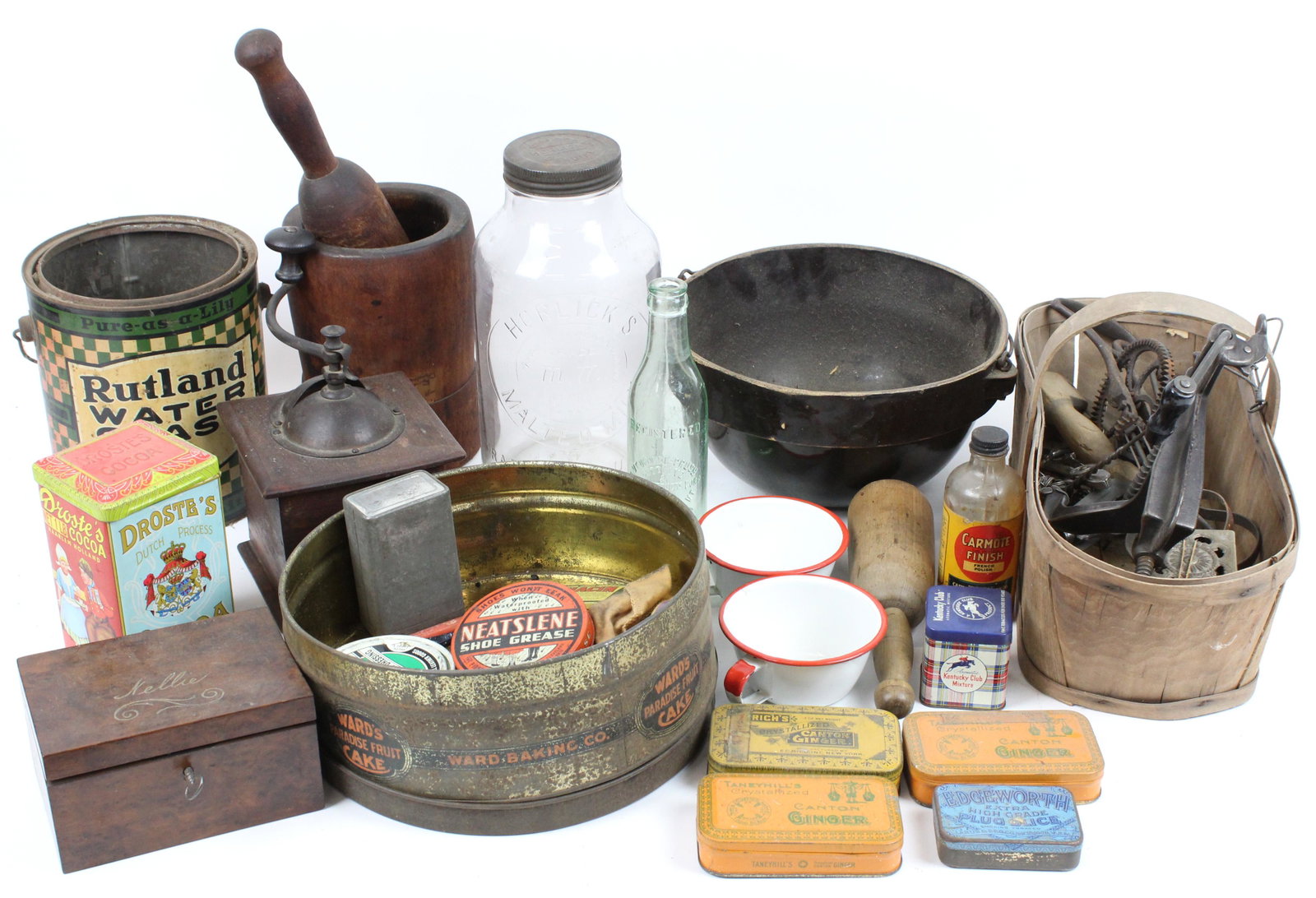 Kitchenware, Primitives, Coffee Grinder: Kitchenware, primitives, coffee grinder, St Johnsbury, VT Orange Crush & Maple Products bottle, etc