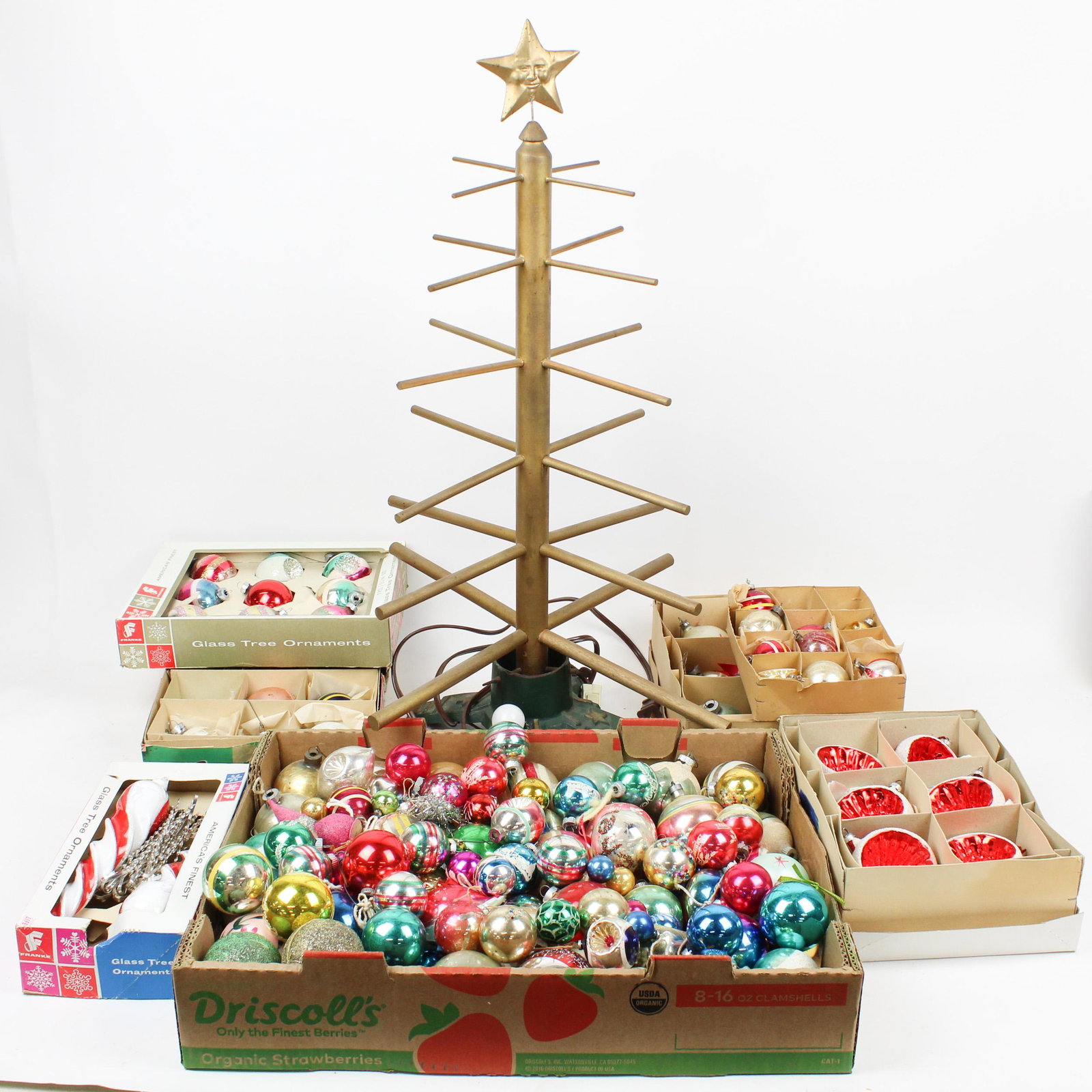 Vintage Blown Glass Christmas Ornaments: Large lot of vintage retro 1940's-1960's blown glass Christmas ornaments, some in original boxes, accompanied by a peg tree display with illuminated cast iron base 31"