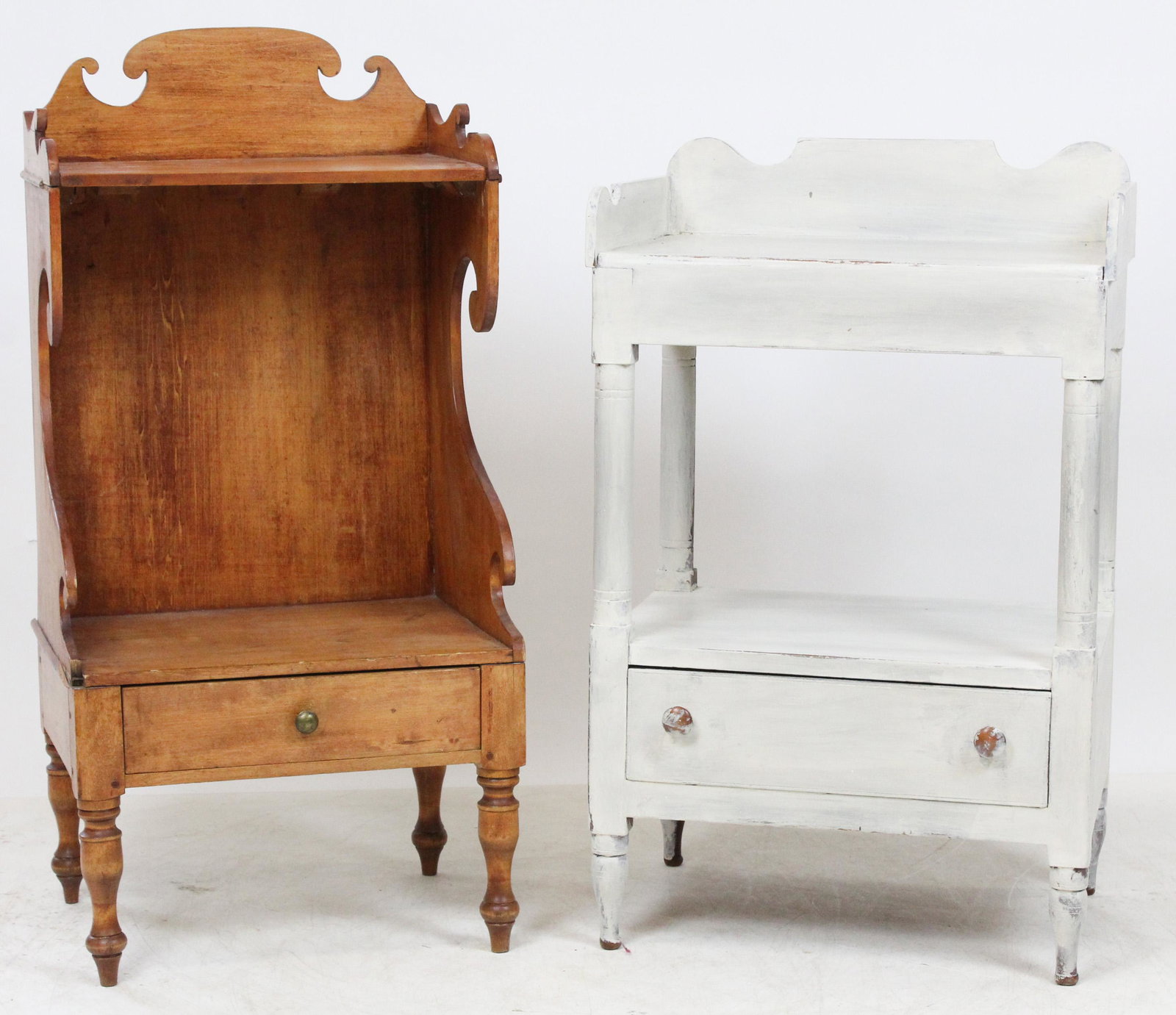 Two Pine One Drawer Washstands: Two Pine one drawer washstands one in white paint 27 x 18 x 20" and 32 x 20 x 21"