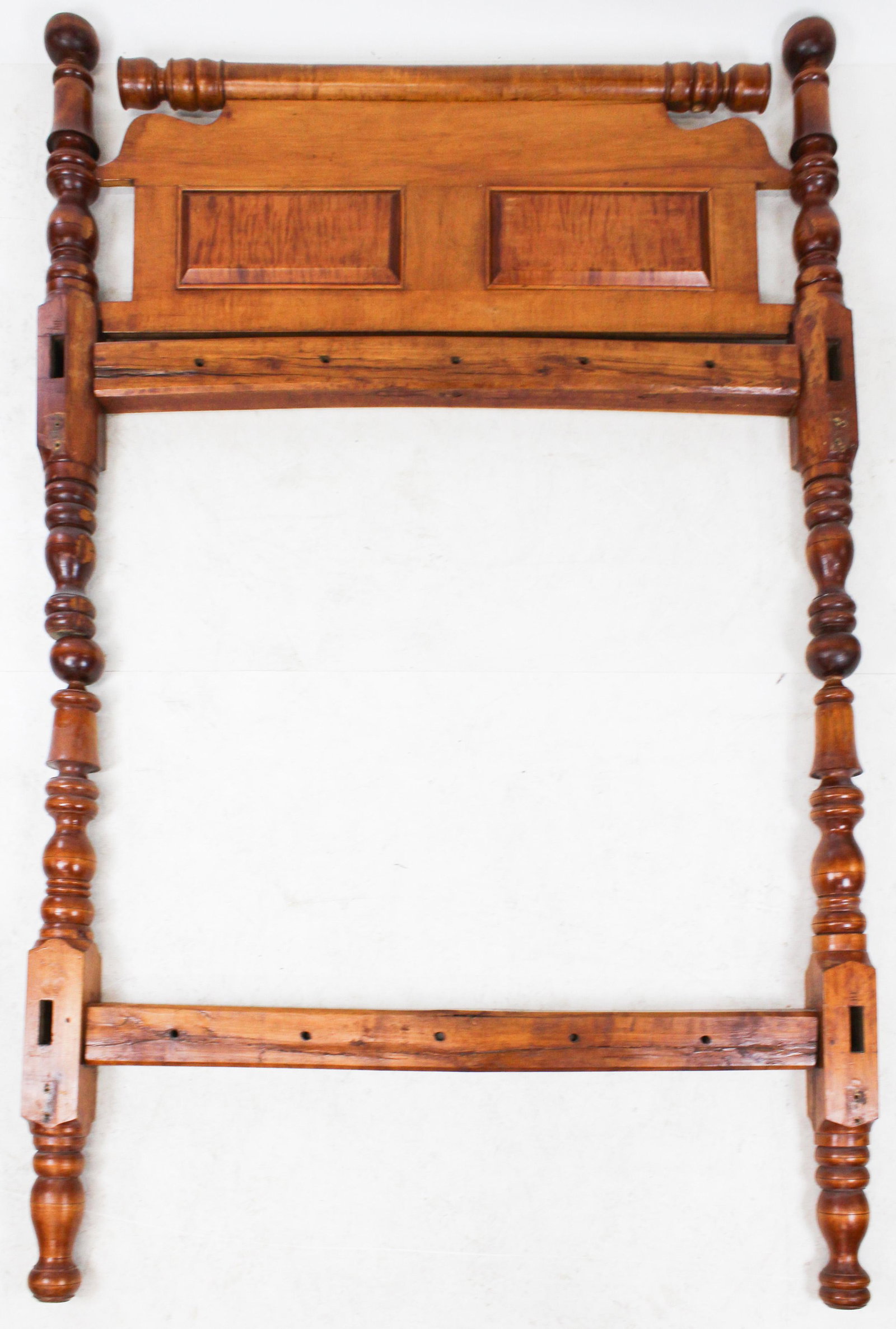 19th C Figured Maple Cannonball Bed: 19th c Figured maple full size cannonball bed 44 x 55" repairs to balls, no rails provided