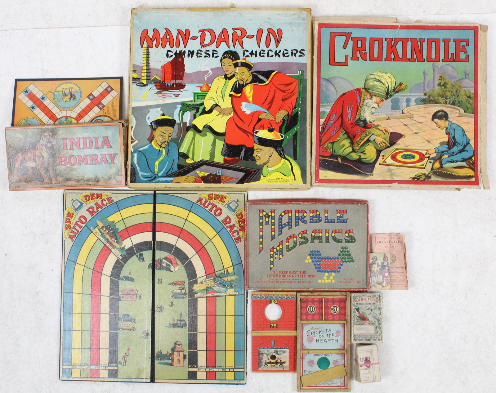 Colorful Early Board Games: Colorful early board games (not collated for completeness), including Crokinole, Man-Dar-In Chinese Checkers, India Bombay, Crickets on the Hearth, etc