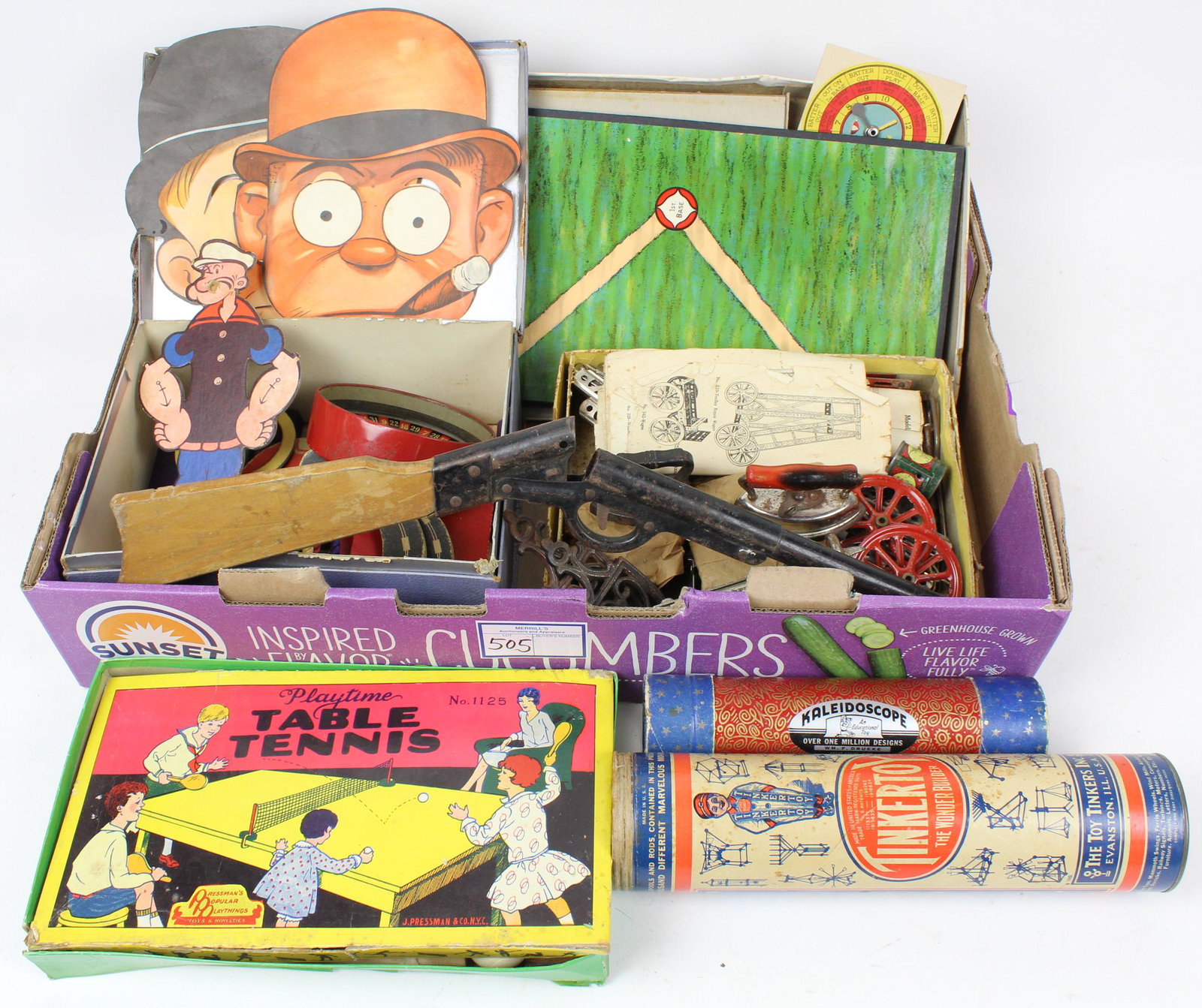 Vintage Toys, Games, Masks: Vintage toys, games, masks, including Wild West cap gun, early erector set, early Tinkertoy set, sad iron & trivets, etc