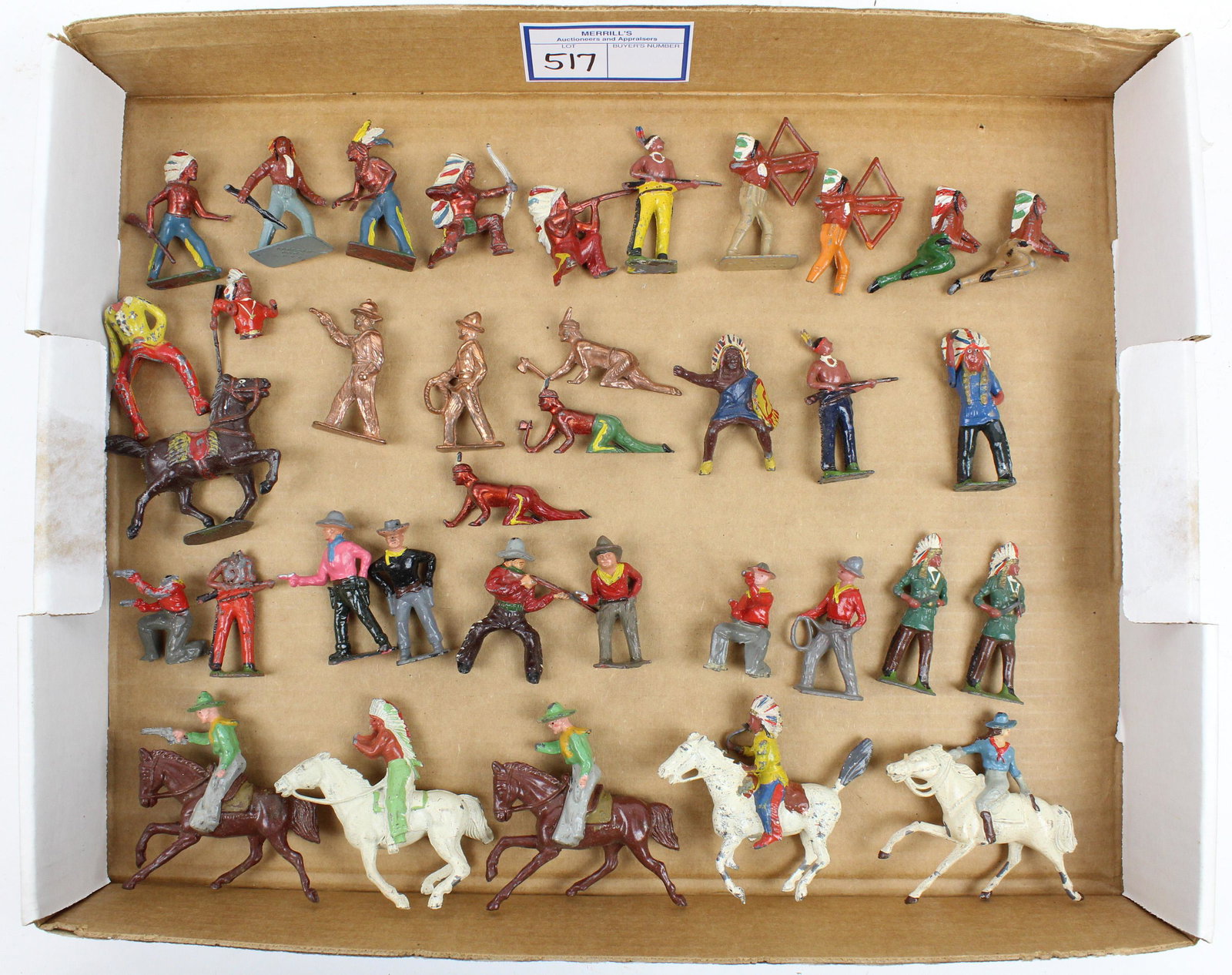 Diecast Metal Cowboys and Indians: Diecast metal Cowboys and Indians (30 pcs), some damaged, sold with 3 early plastic figures, hts 2" to 3"