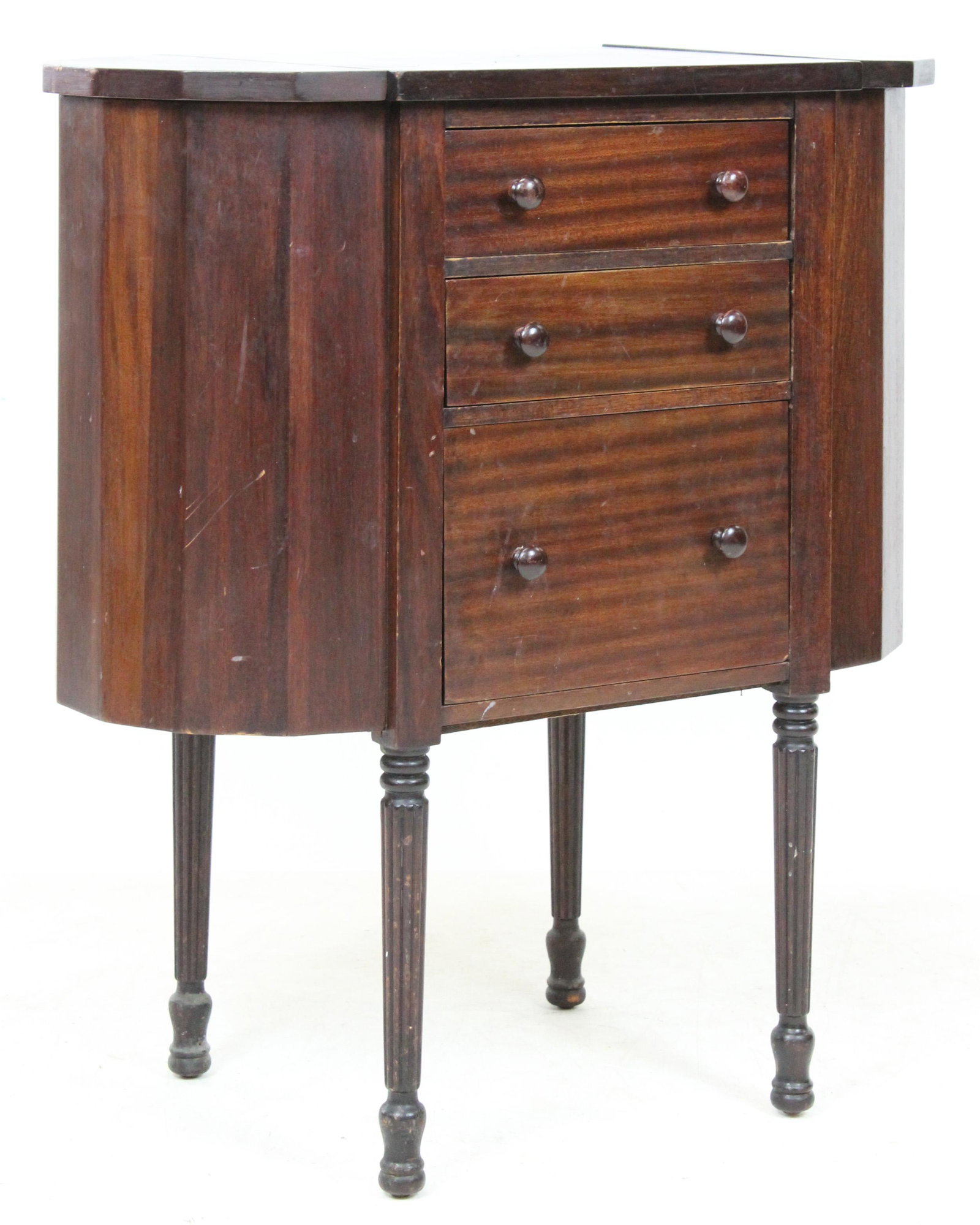 20th c Mahogany "Martha Washington Sewing Stand: 20th c Custom Mahogany "Martha Washington" sewing stand with three drawers and 2 lift top compartments, 27 x 14 x 29"