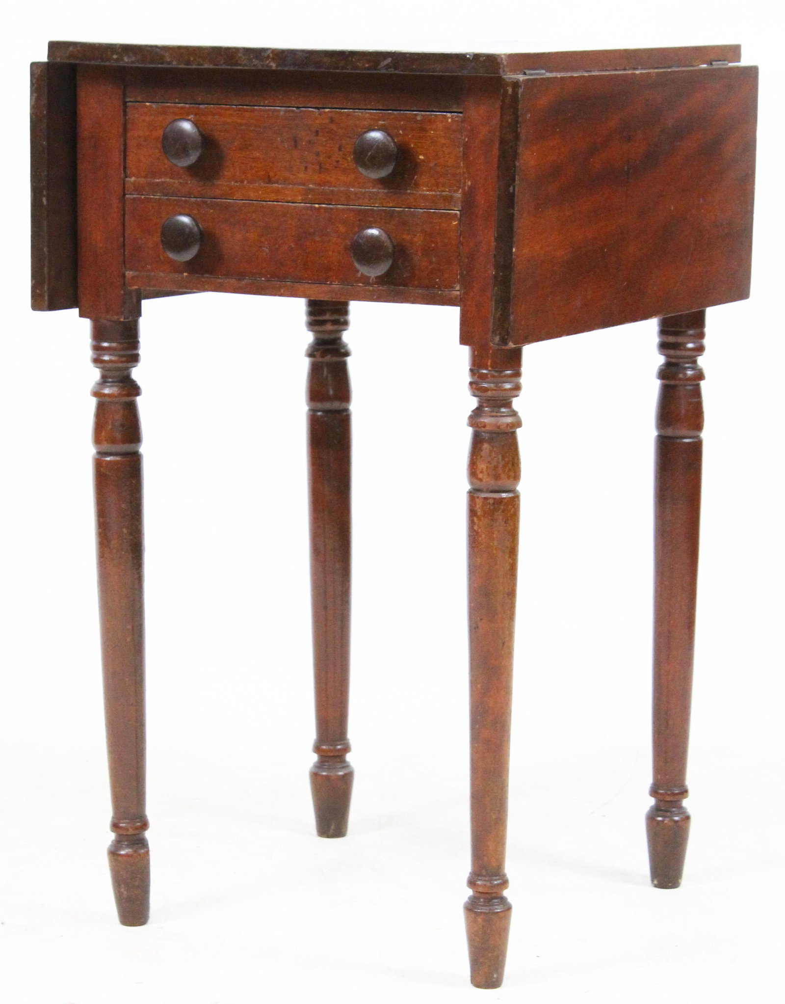 Vermont Sheraton Birch Drop Leaf Work Stand: A VT Sheraton two drawer drop leaf work table or stand. Birch, stained, turned wooden knobs. 18" w x 17"d x 28" h.