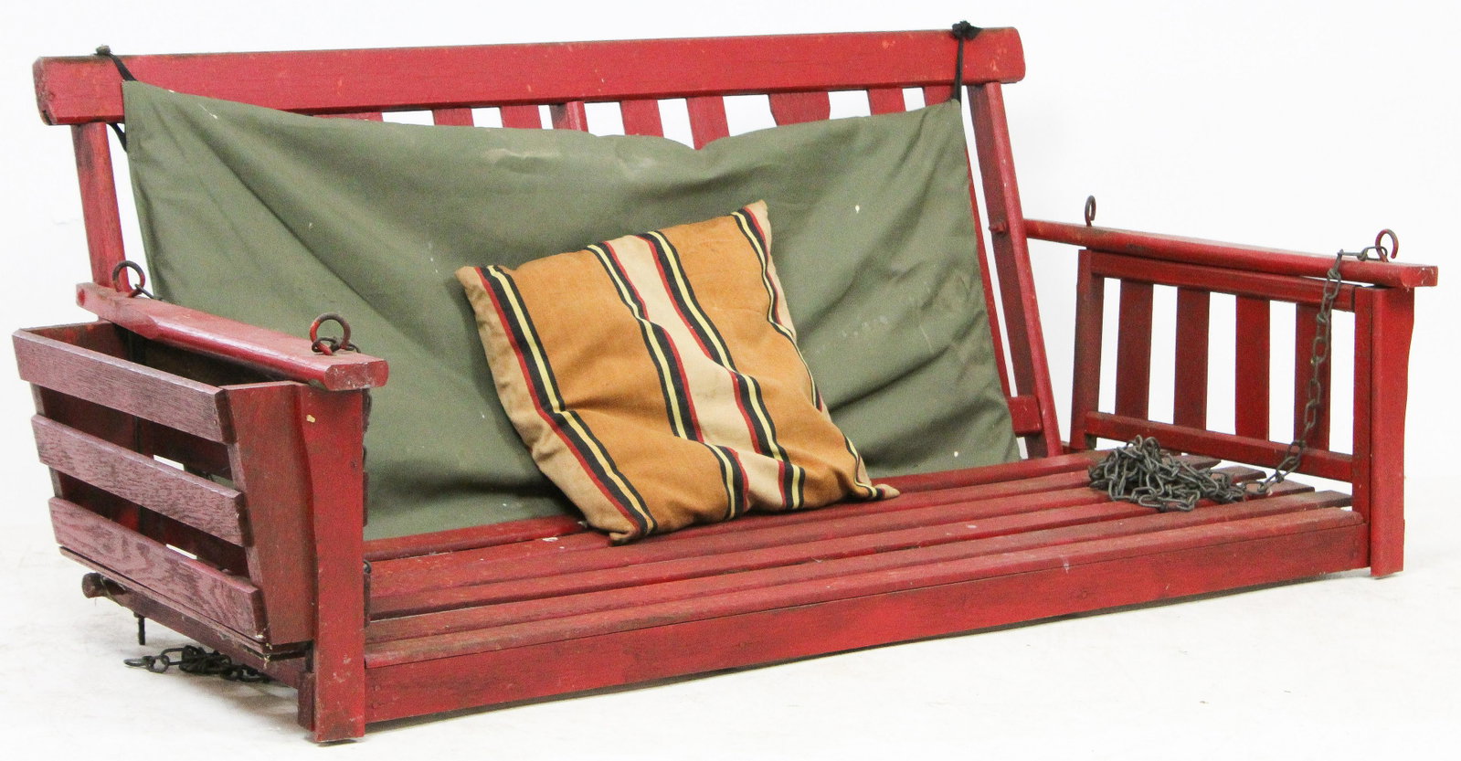 Porch Swing in Lipstick Red Paint: Ca. 1900 ash porch settee swing. Chain hanging, (with chains), in old lipstick red paint. From Waitsfield Vermont. 49" wide.