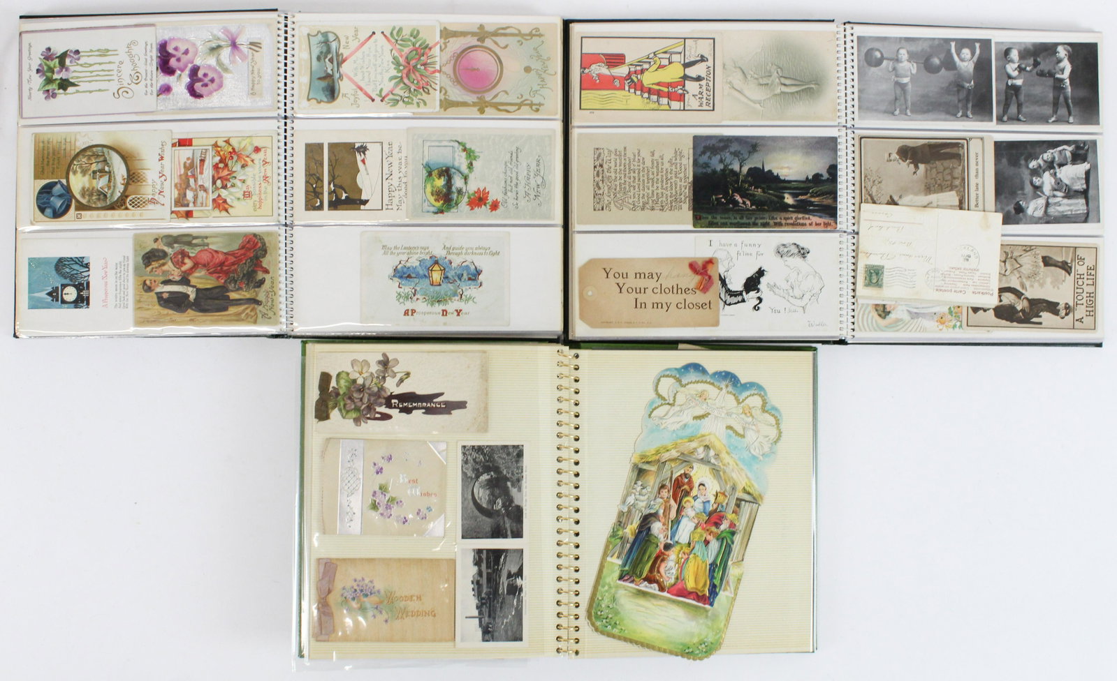 3 Albums of Postcards, Greeting Cards, Ephemera: Collection of ca. 1900-1940 postcards, greeting cards and assorted ephemera keepsakes arranged in 3 albums, including lithographed comical and novelty postcards, some real photo postcards, World War I