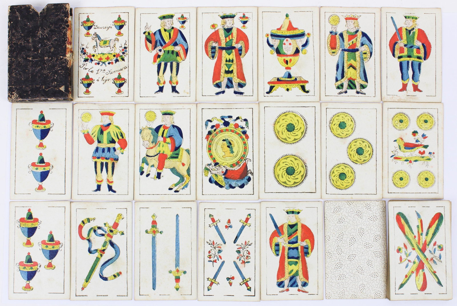 Deck of 19th c. Handcolored Italian Playing Cards: Deck of 19th c. Italian Neapolitan pattern playing cards with hand colored printed illustrations, in original embossed paper covered box board case, 40 cards total 2.5" x 3.75" -piece of case missing