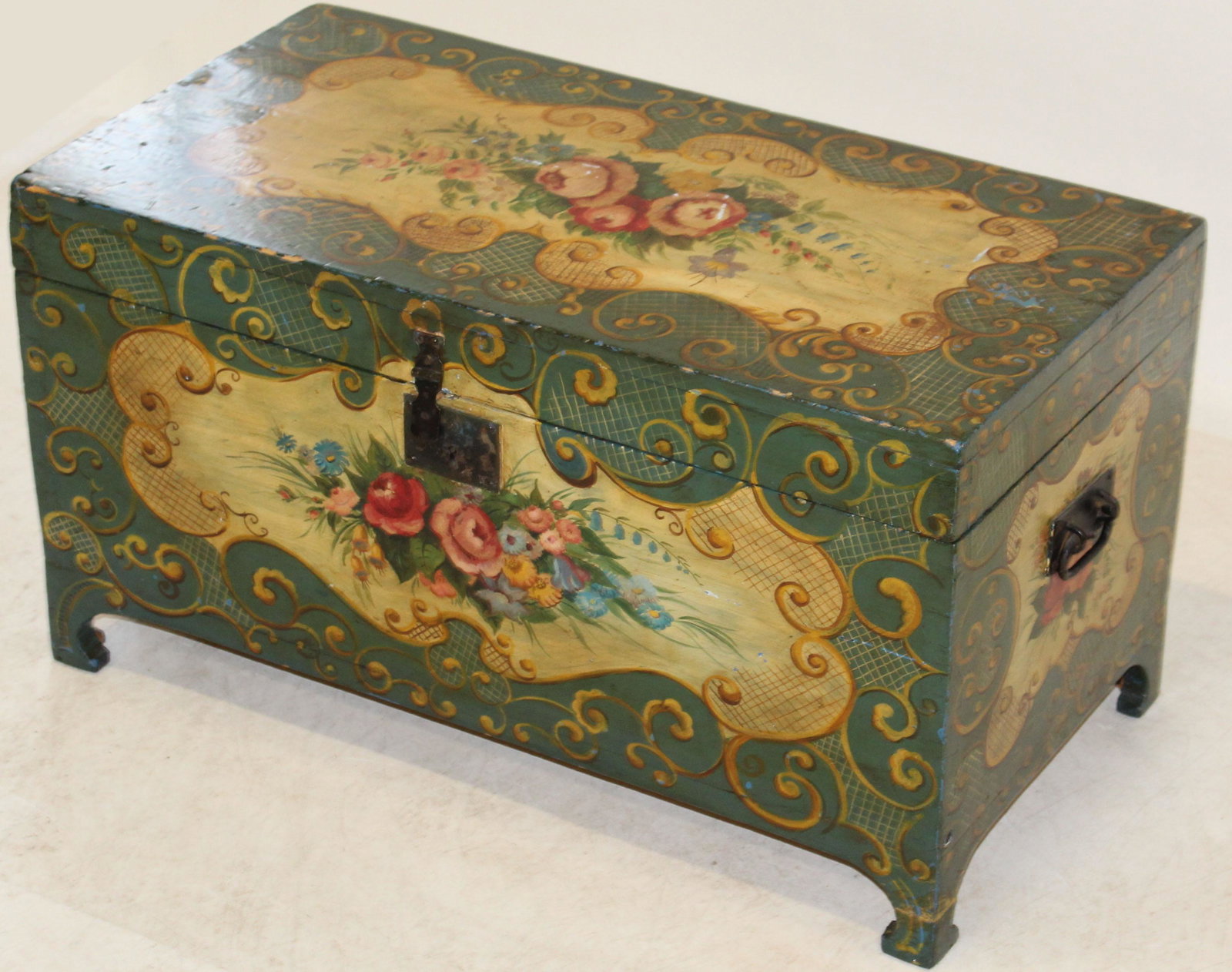 19th c Dovetailed Blanket box with Fancy Paint: 19th c Dovetailed blanket box with fancy paint decoration in a French Provincial style with floral motif 15 x 15 x 28"